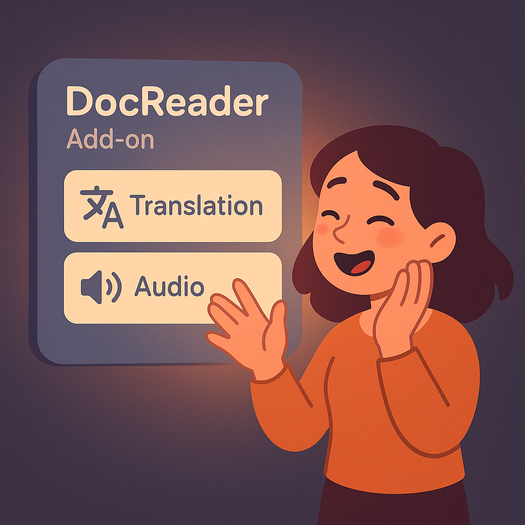 DocReader add-on interface showing translation and audio options