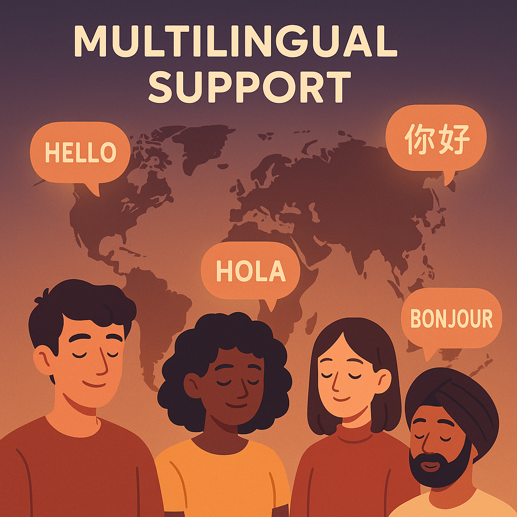 World map showing multilingual support across different regions
