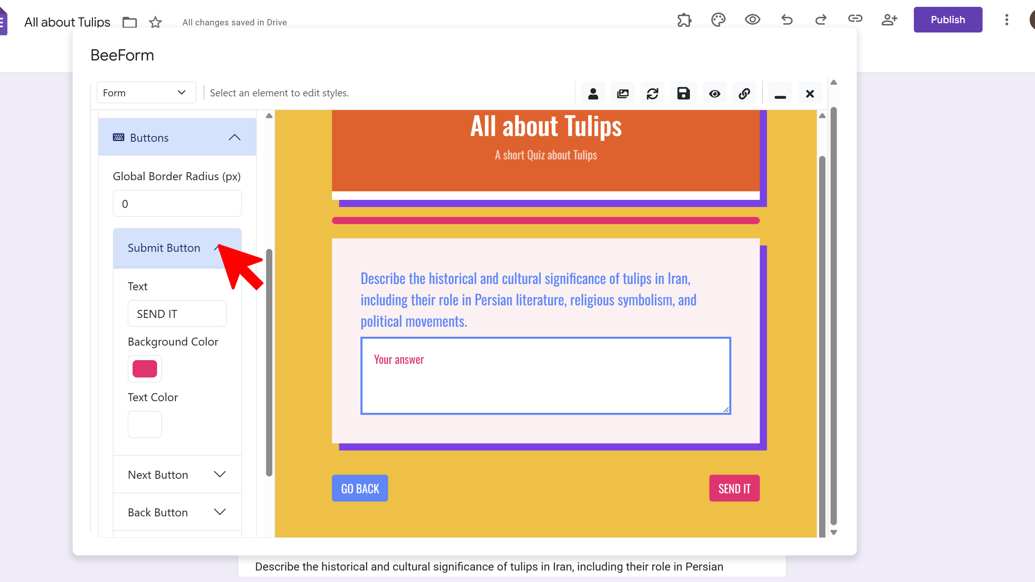 Button customization settings for all form buttons