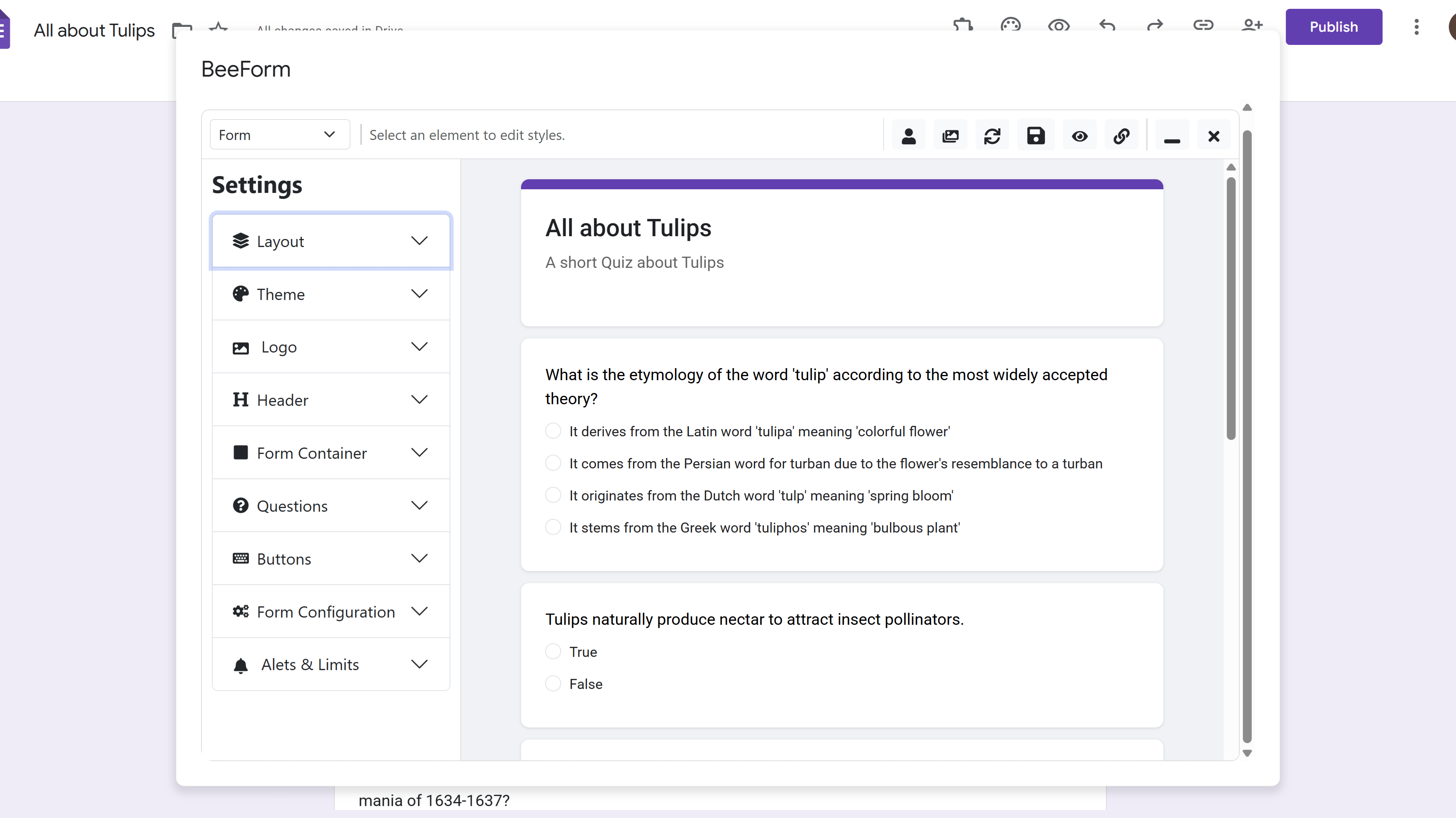 BeeForm Designer interface showing settings panel and live preview