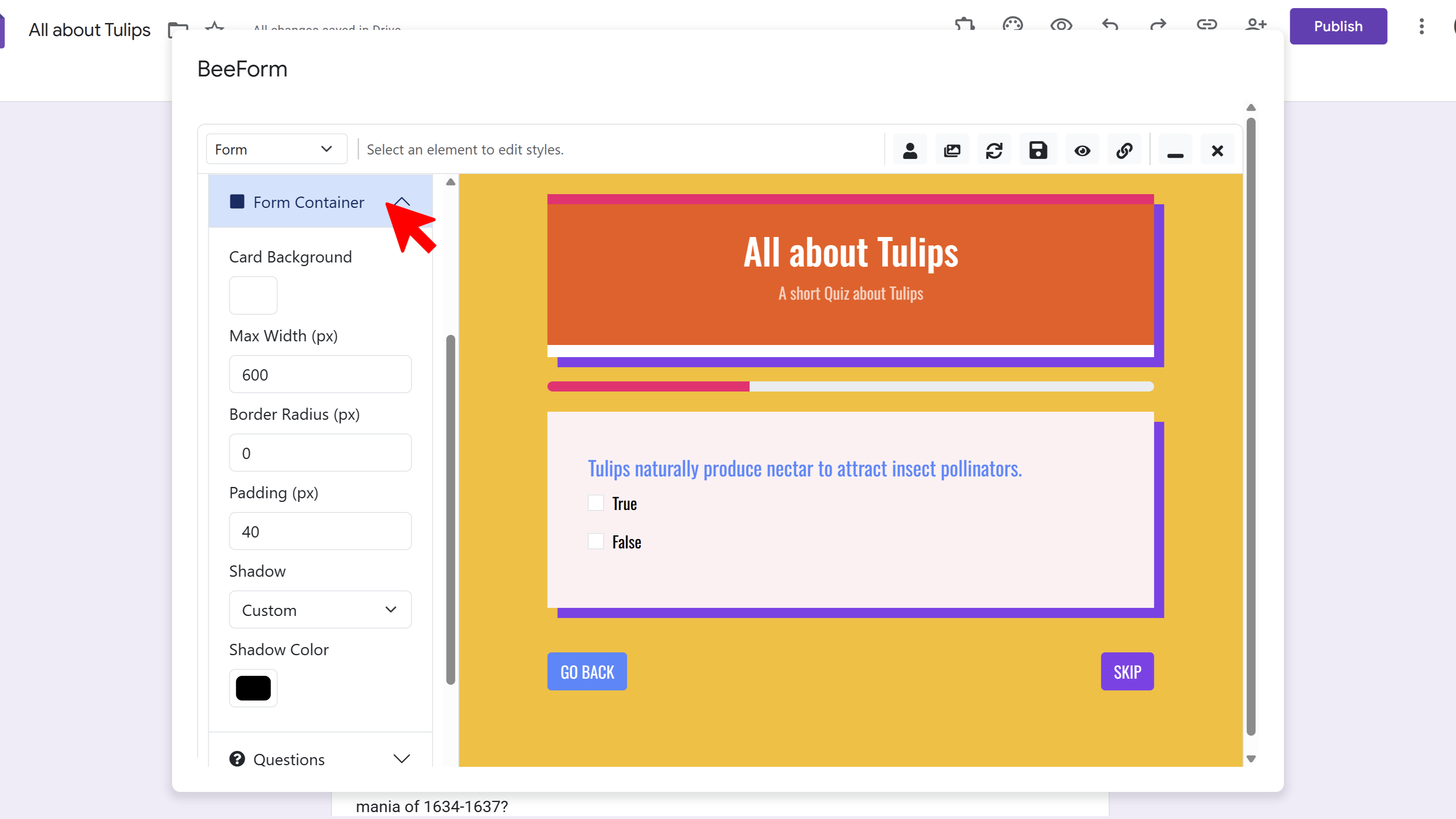 Form container styling options