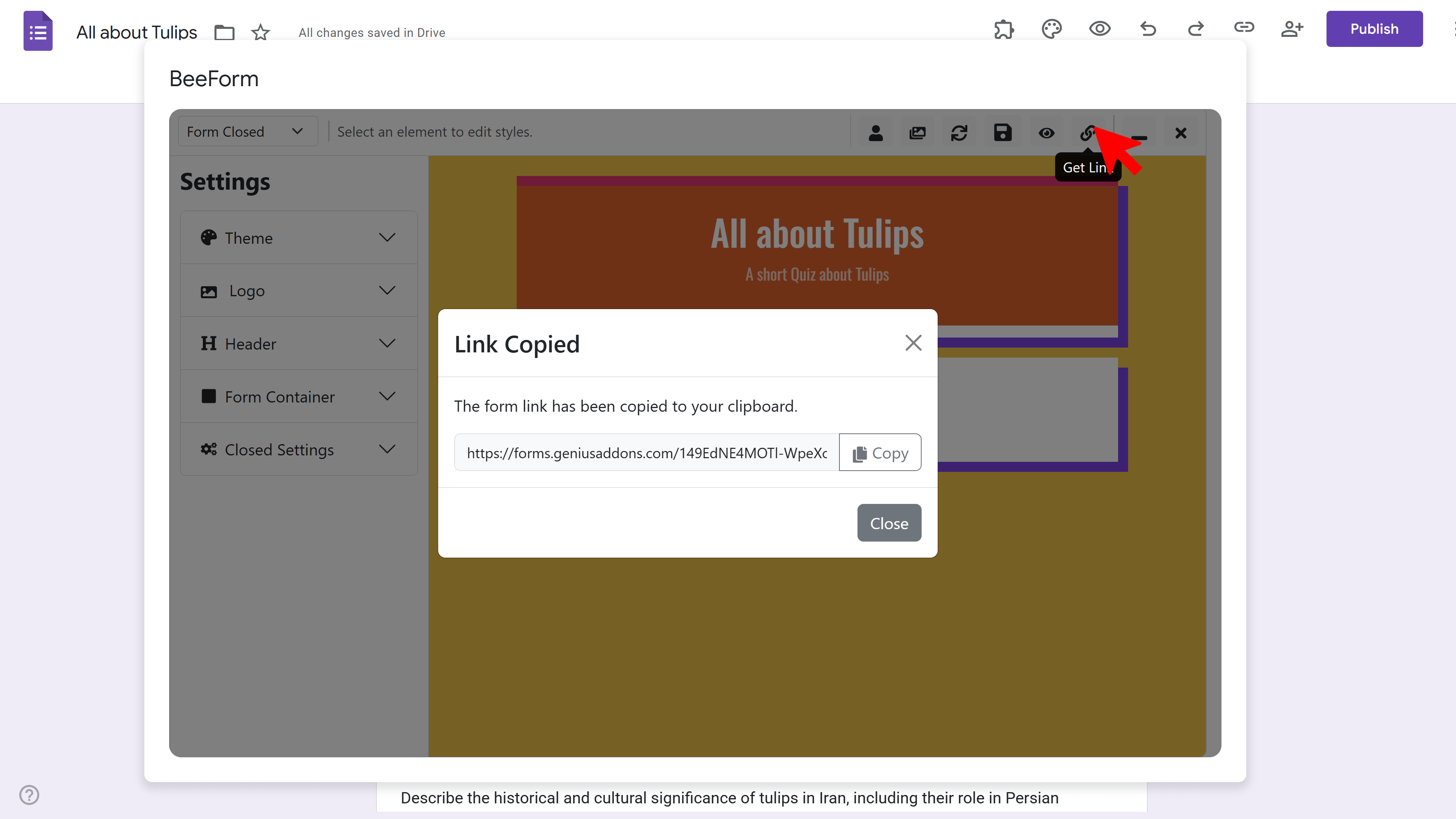 Share link modal showing unique BeeForm URL