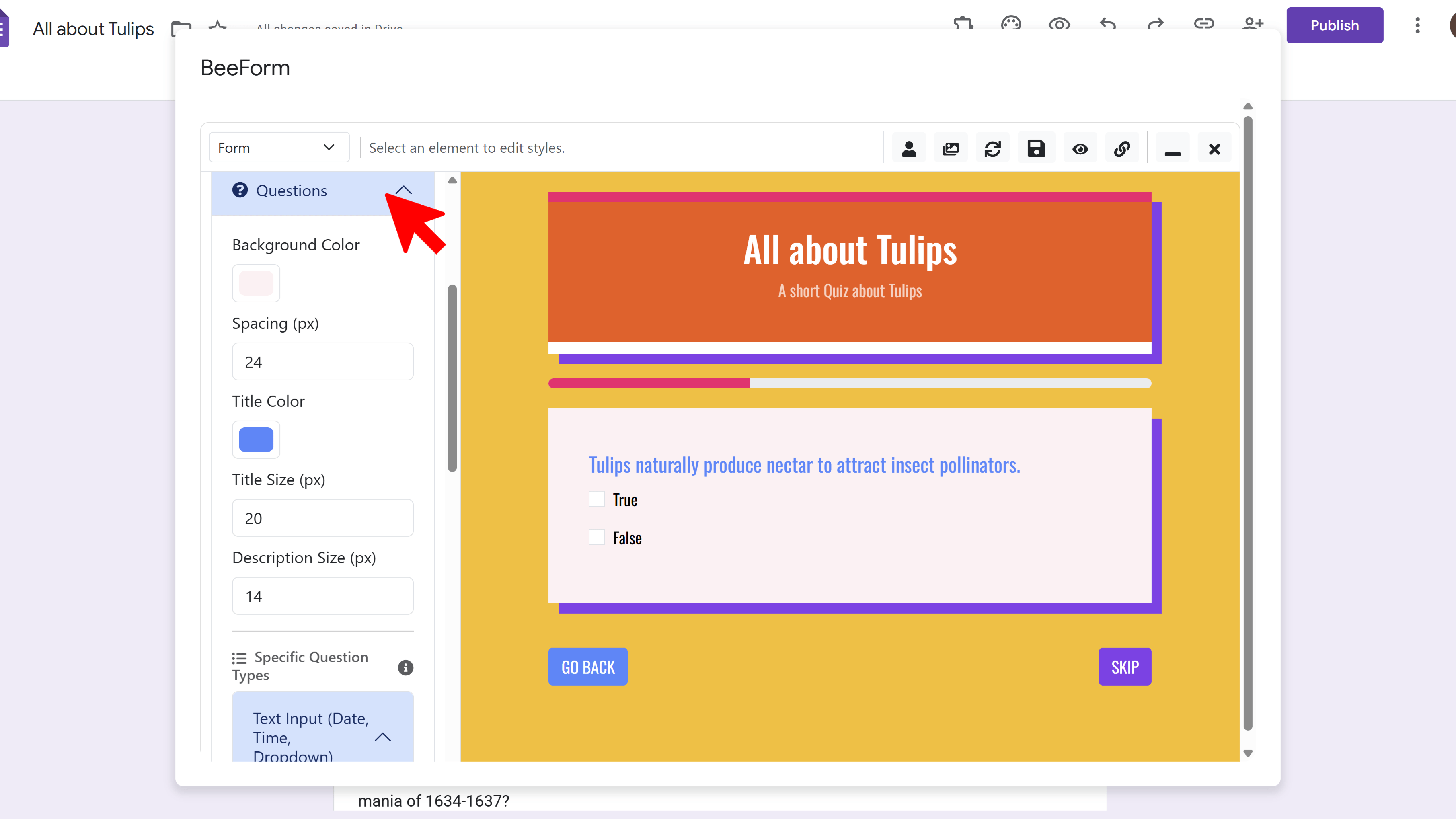 Question card customization settings