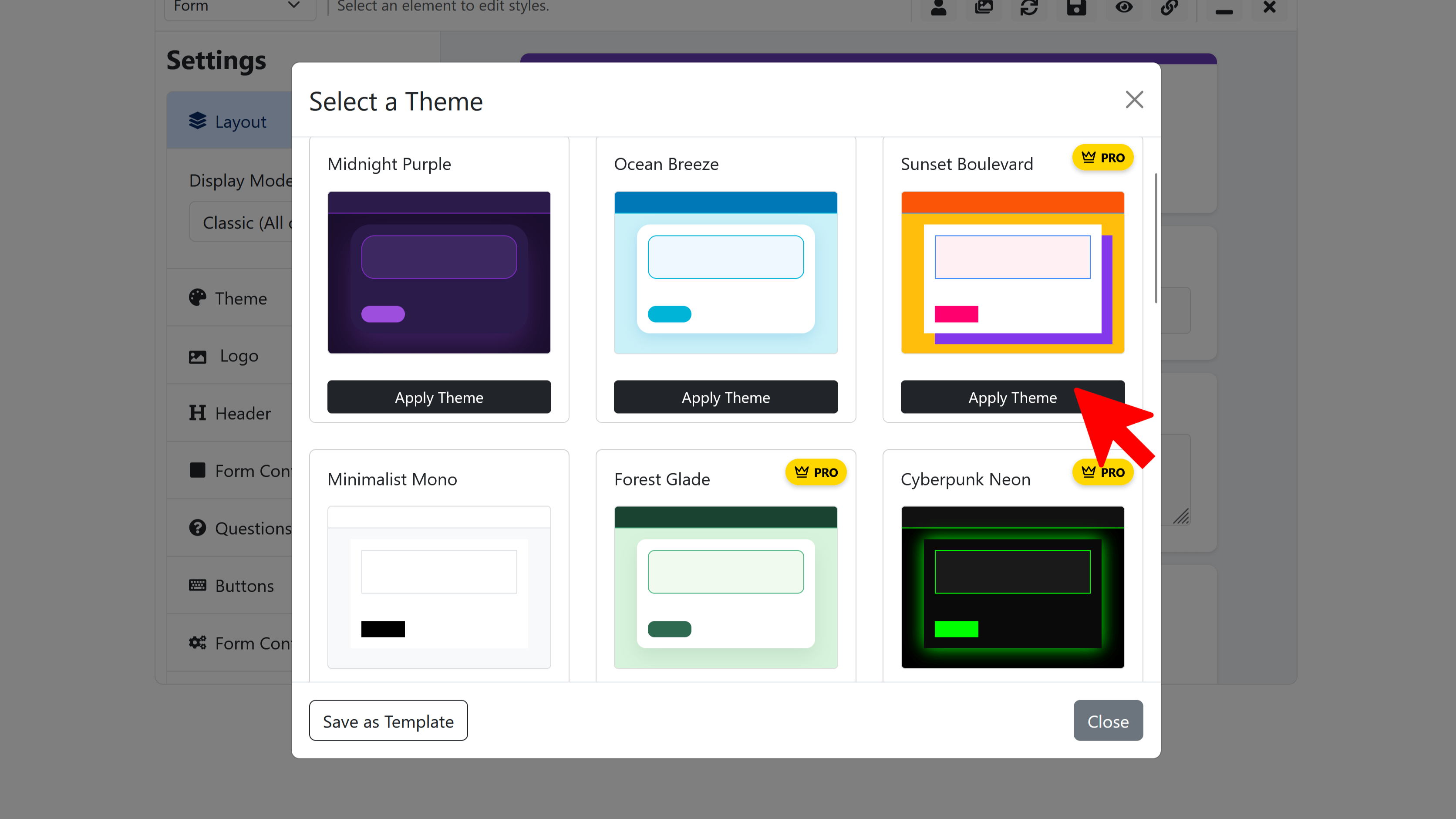 BeeForm Theme Gallery with preset designs