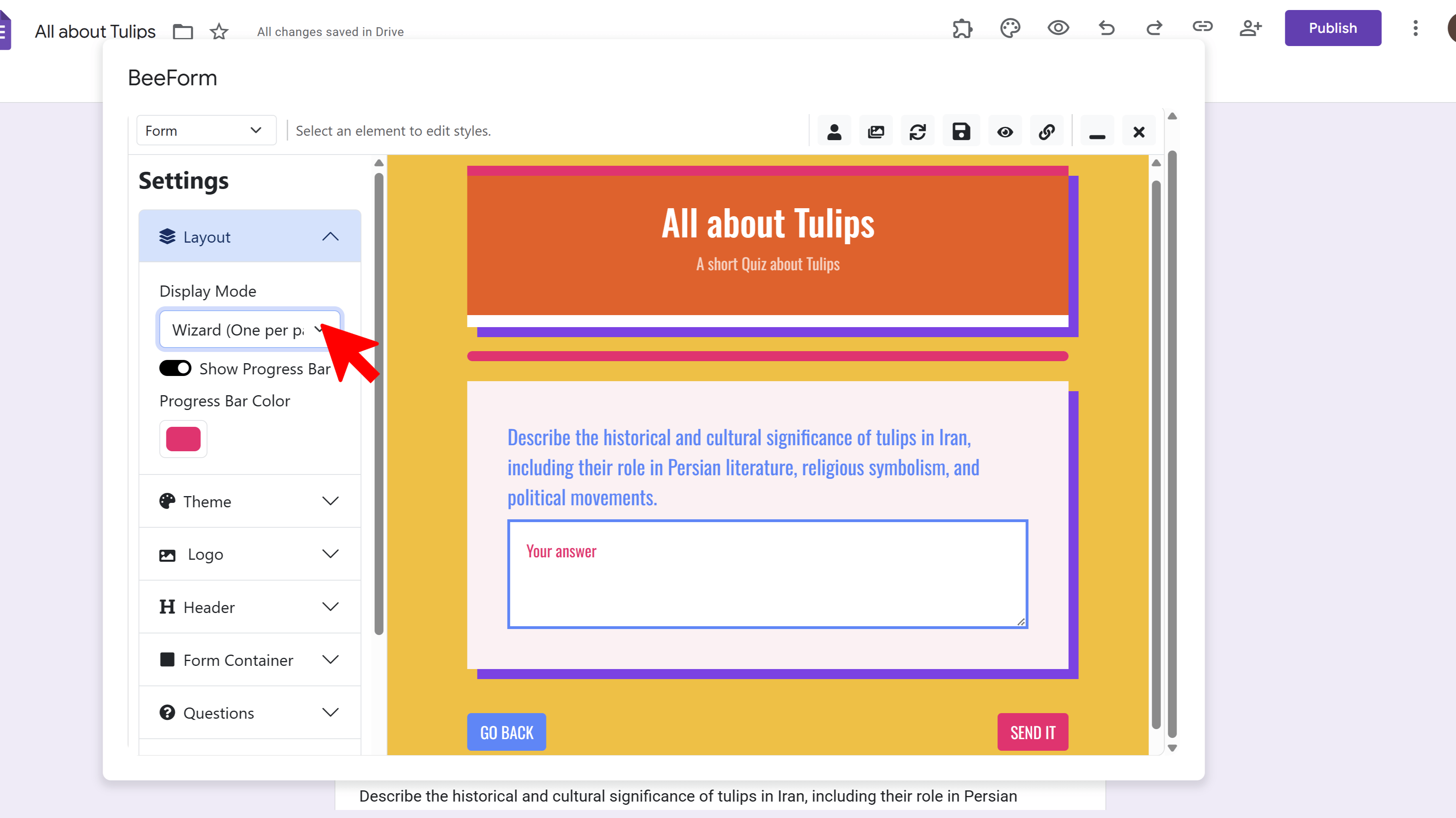 Wizard mode showing one question at a time with progress bar