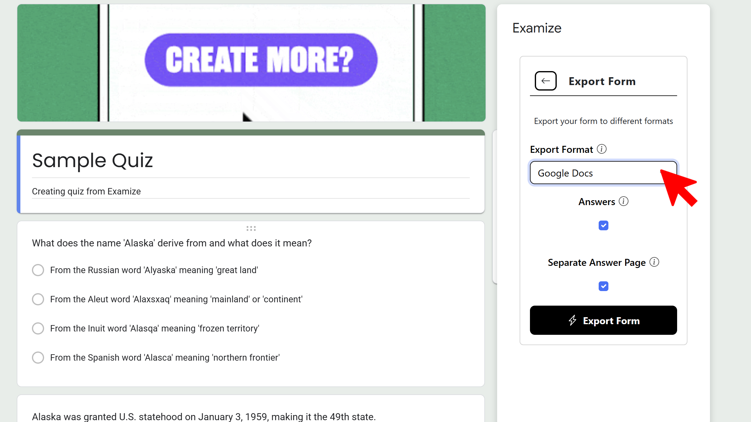 Export quiz to Google Docs or Sheets