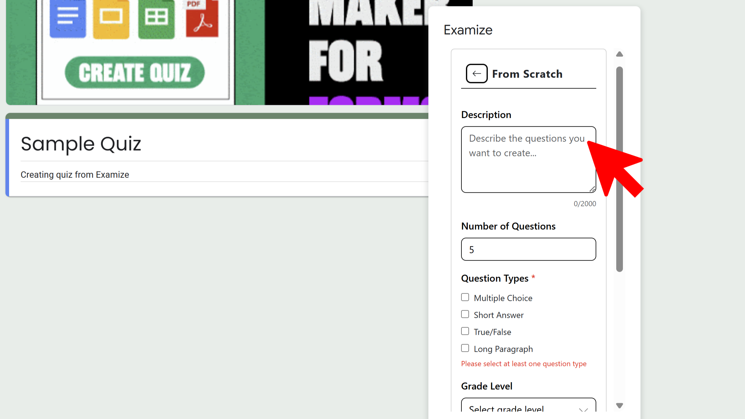 Generate questions from scratch interface