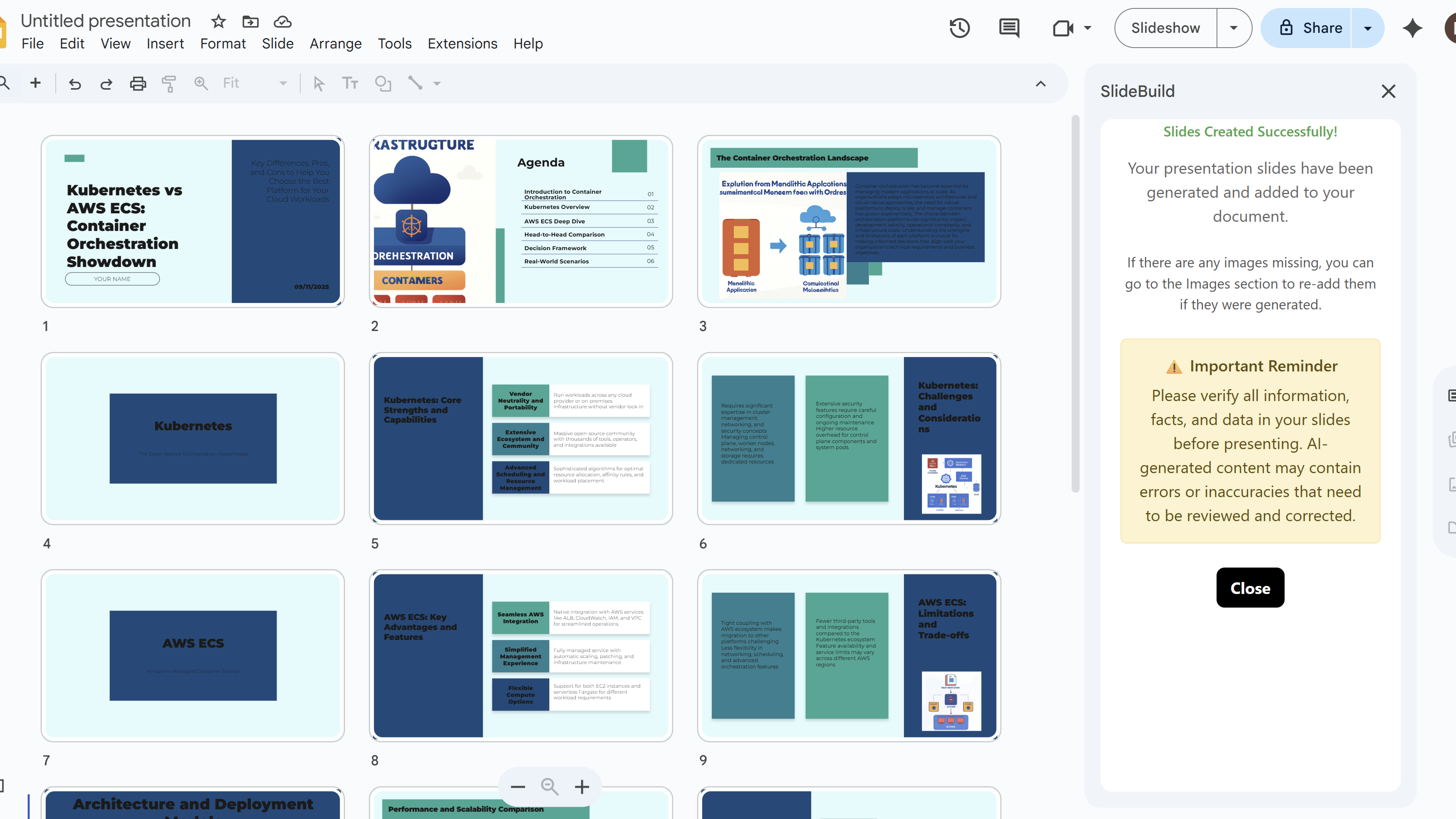 Generated slides successfully created in SlideBuild