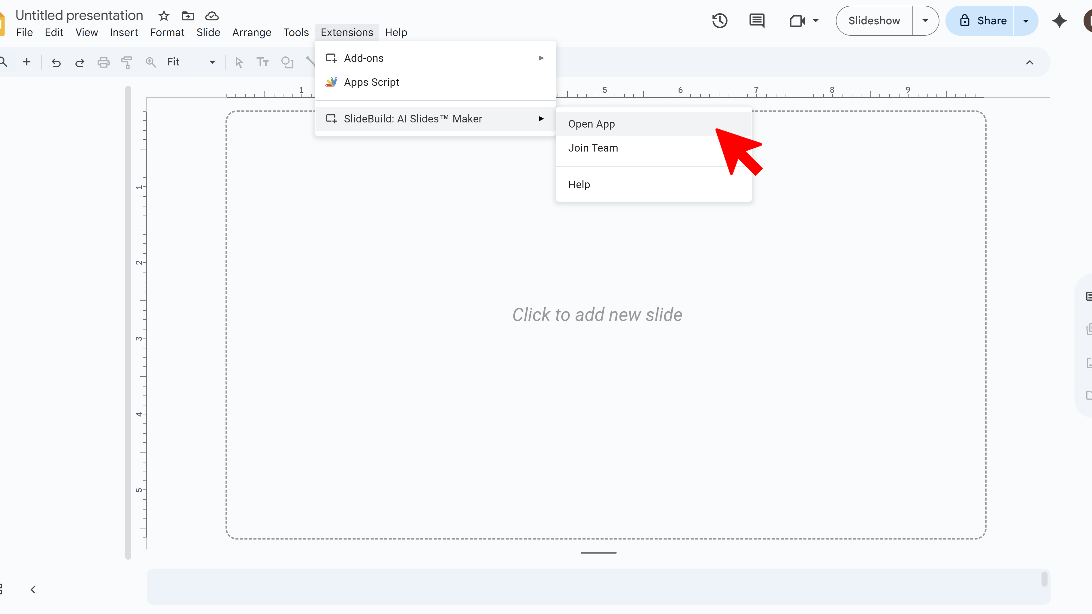 Open Extensions menu to launch SlideBuild