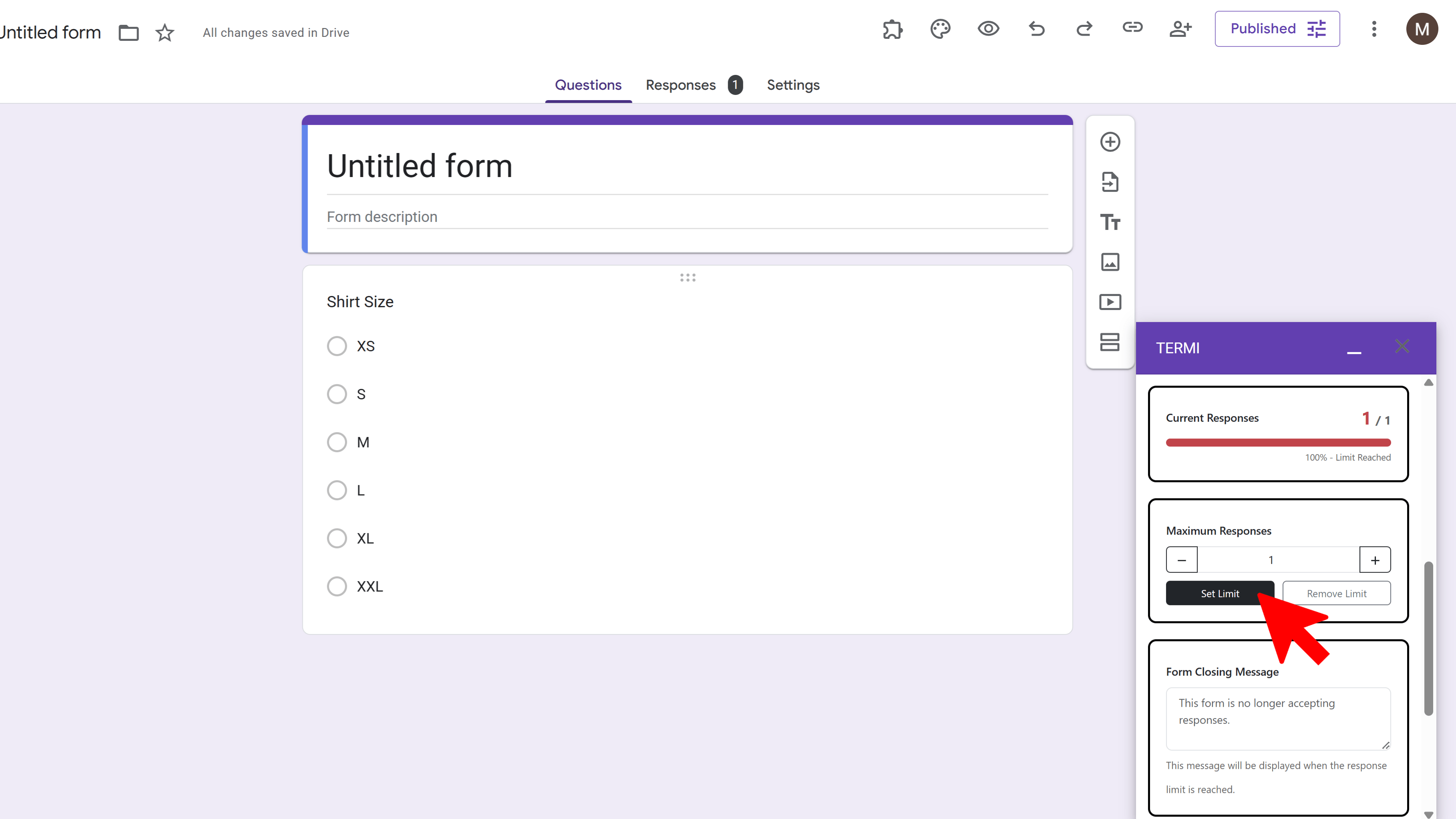 Form closed message when response limit is reached