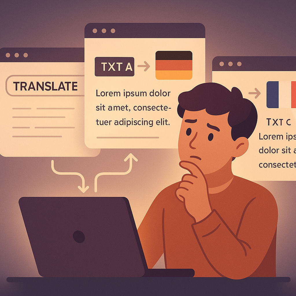 Manual translation process showing multiple browser tabs