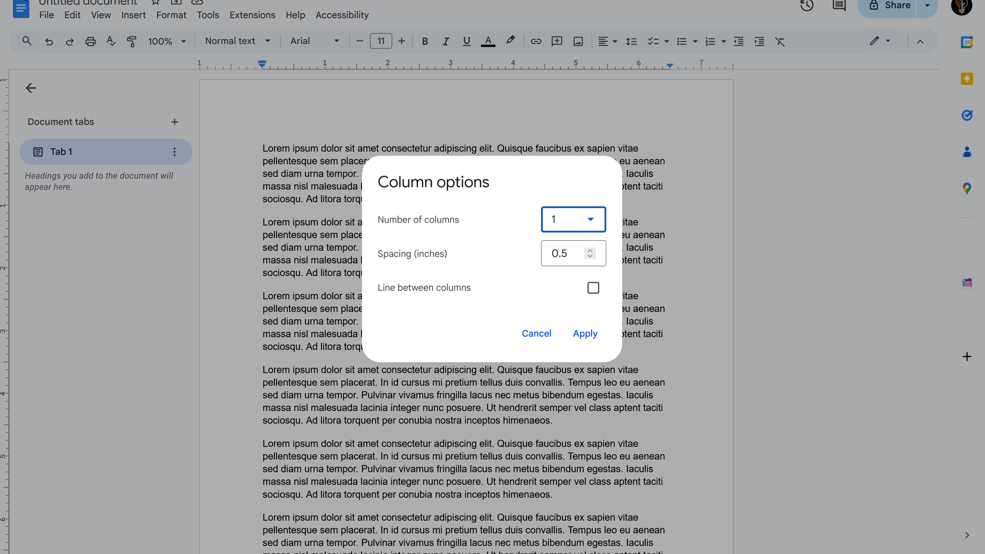 Column Options in Google Docs