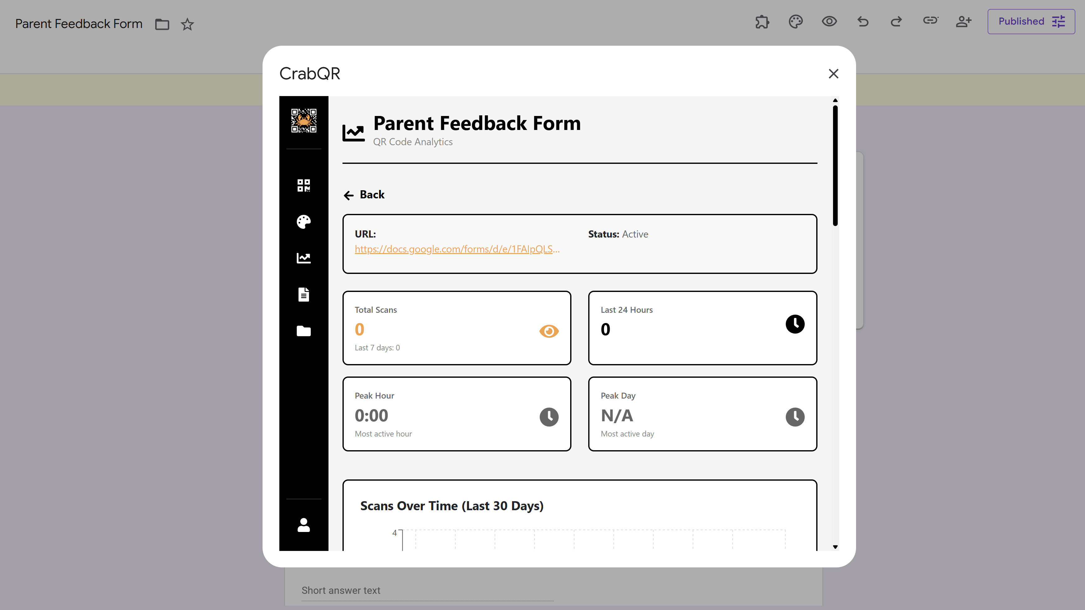 CrabQR analytics dashboard showing scan statistics