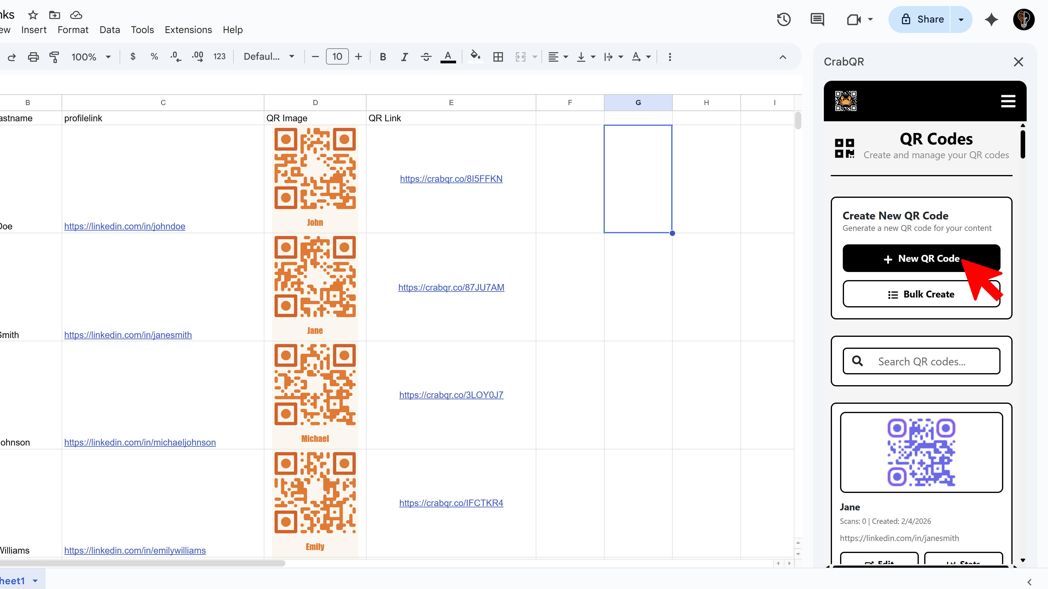 Create QR Code button