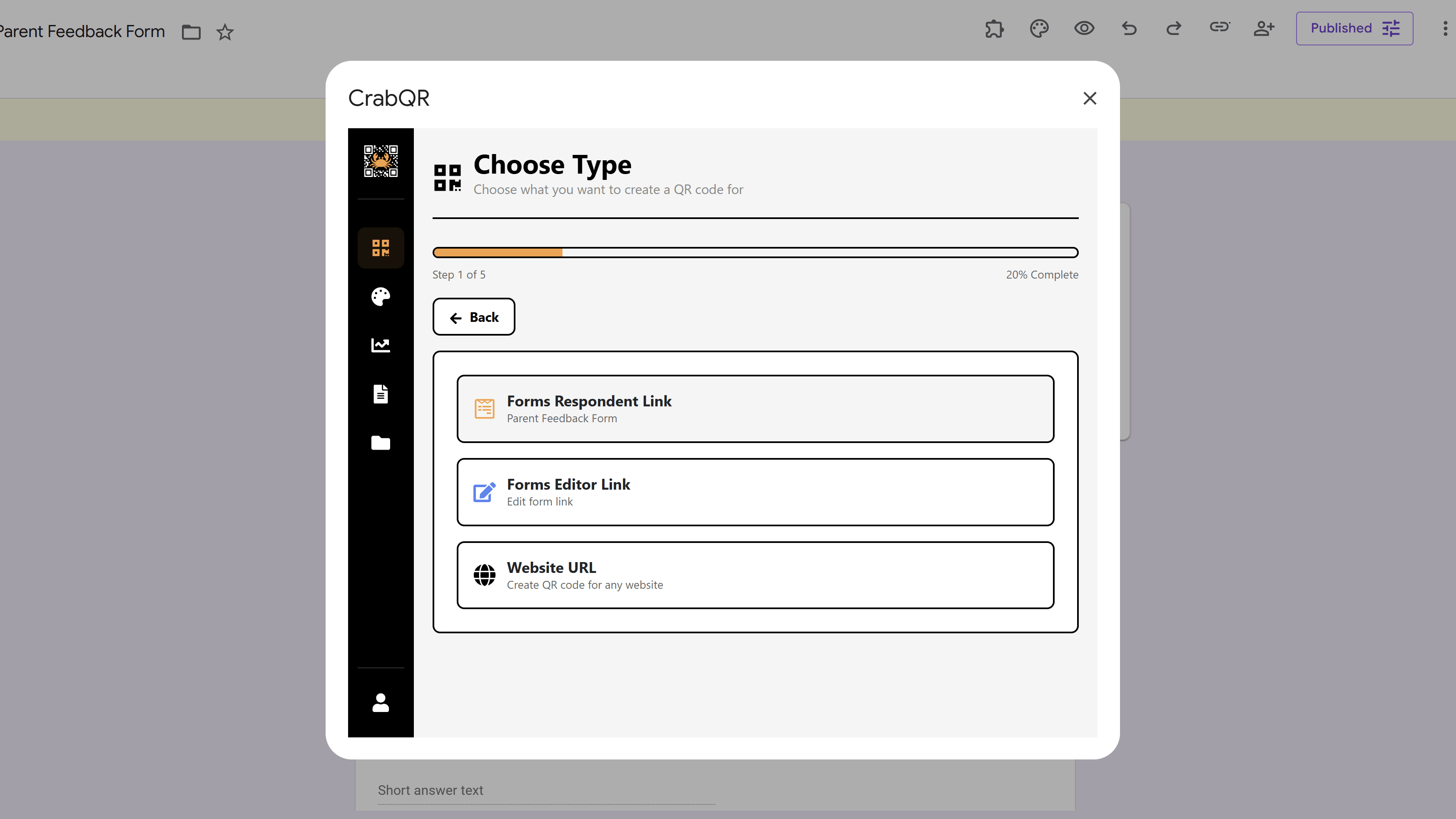 Create QR Code form in CrabQR sidebar