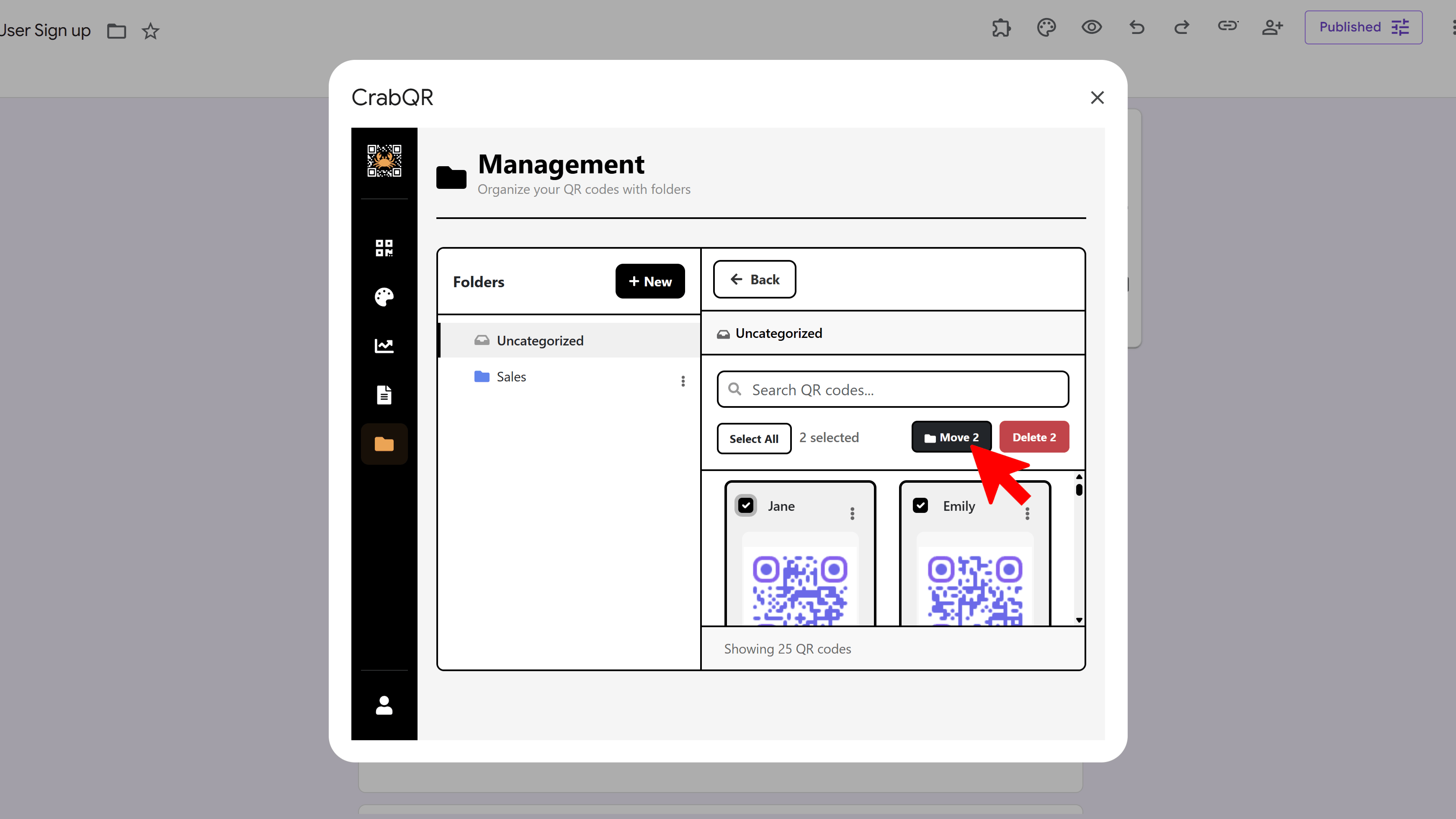 Multi-select and move QR codes