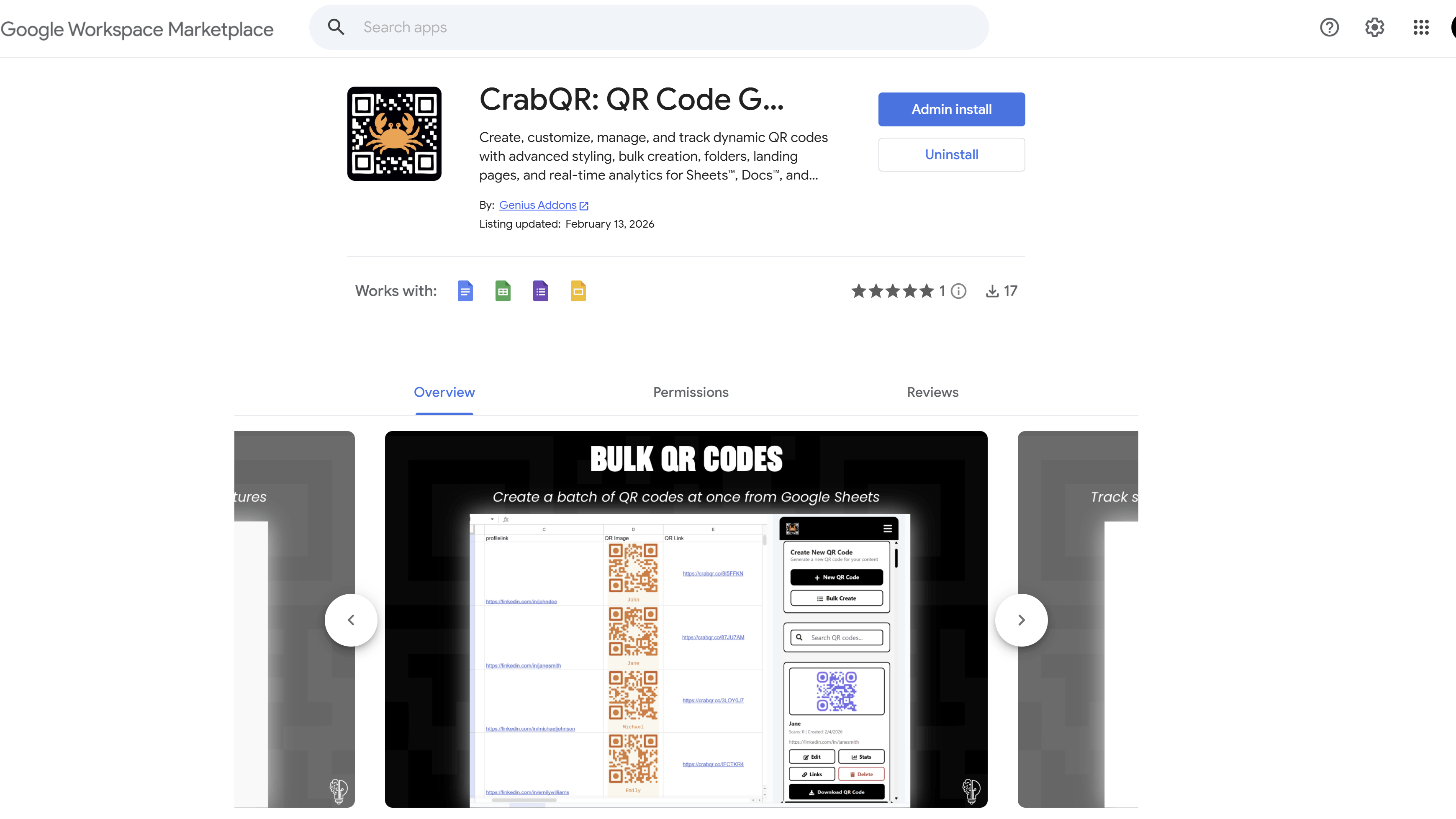 Install CrabQR from Google Workspace Marketplace
