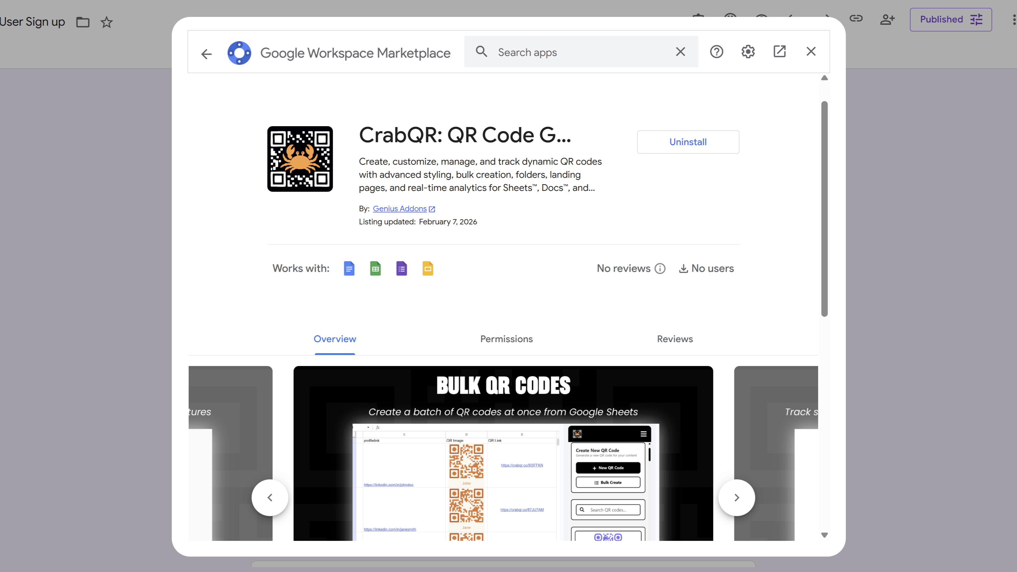 CrabQR in marketplace