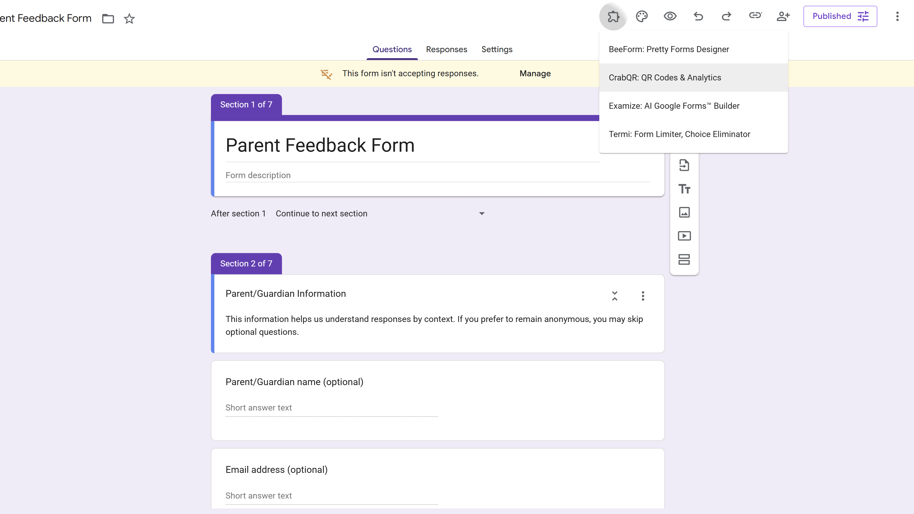 Open CrabQR add-on from Google Forms