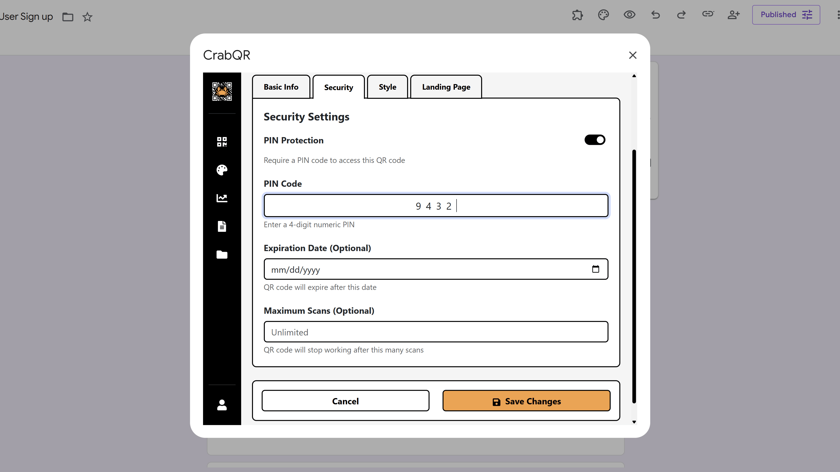 PIN protection setup