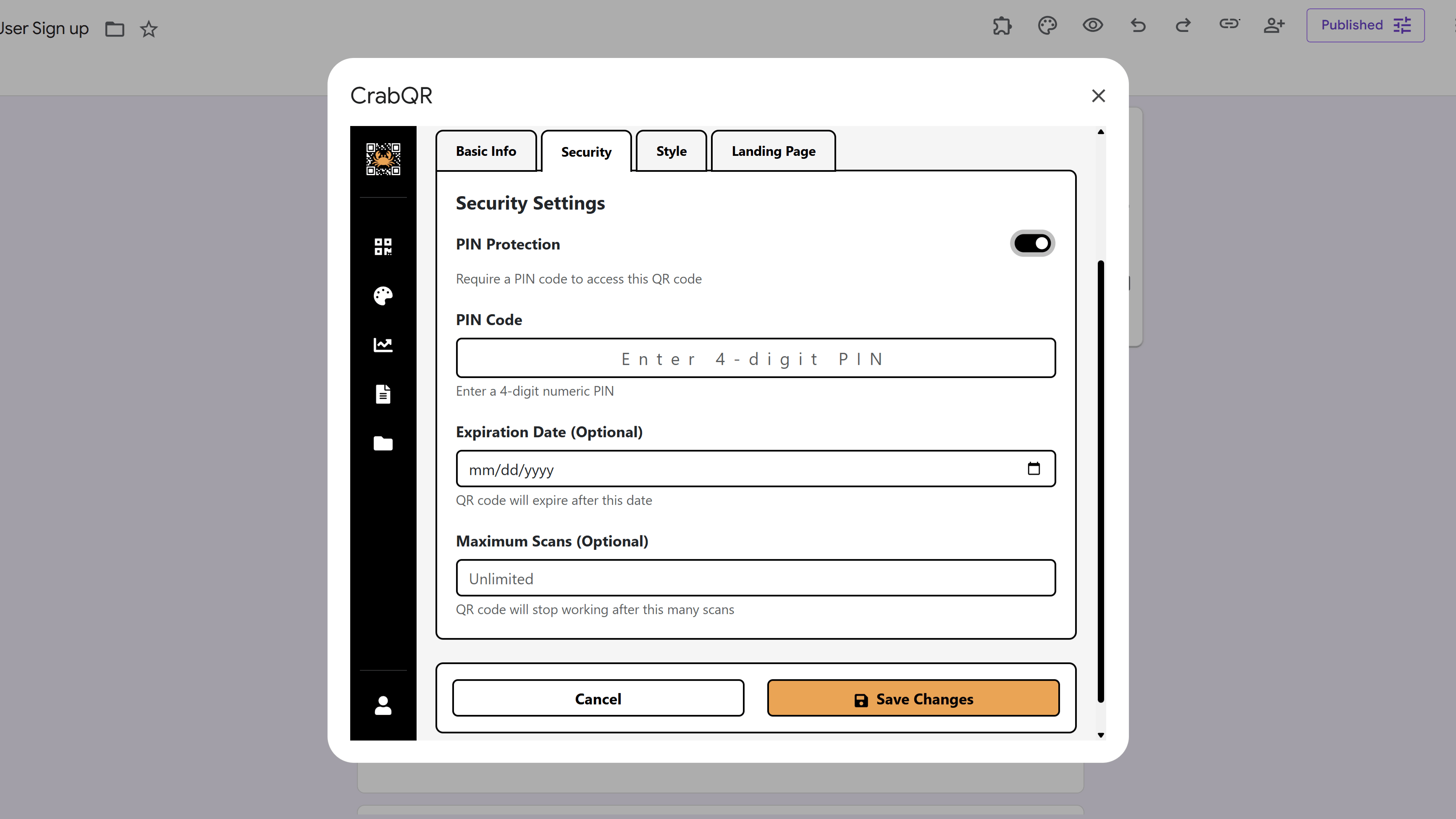 Security settings panel