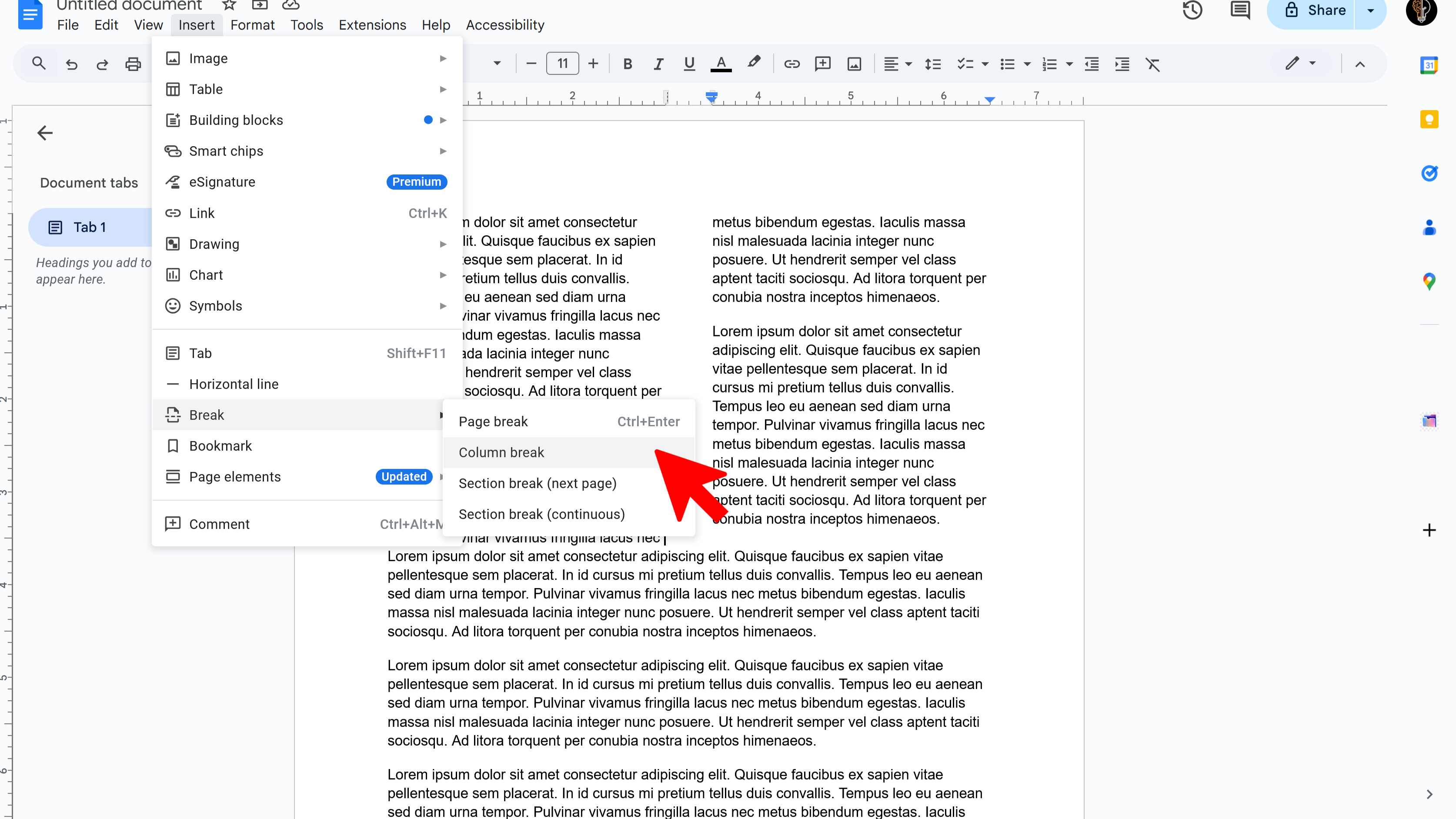 Insert Column Break in Google Docs