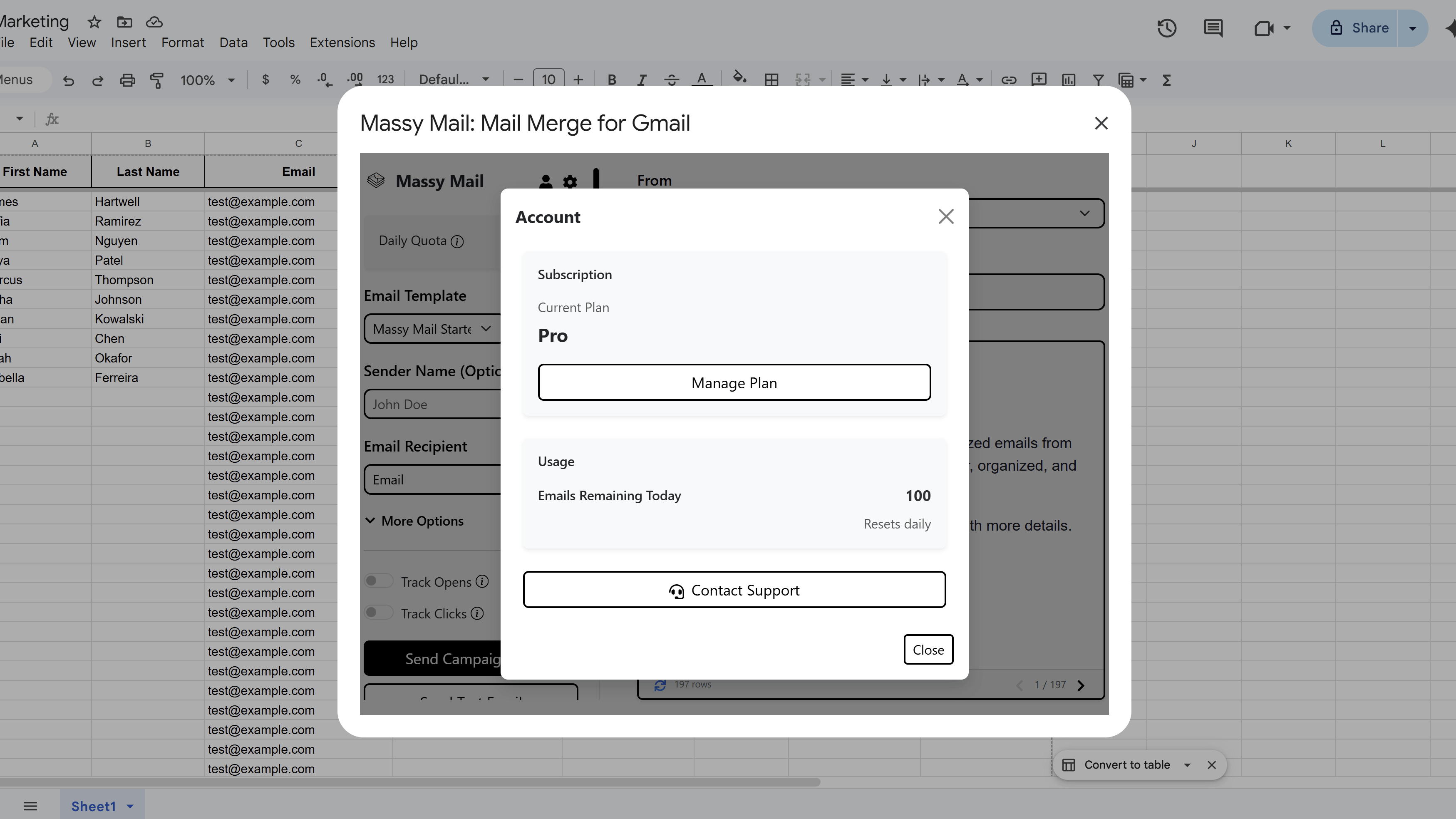 MassyMail account panel showing the daily email allowance, emails used today, and remaining quota