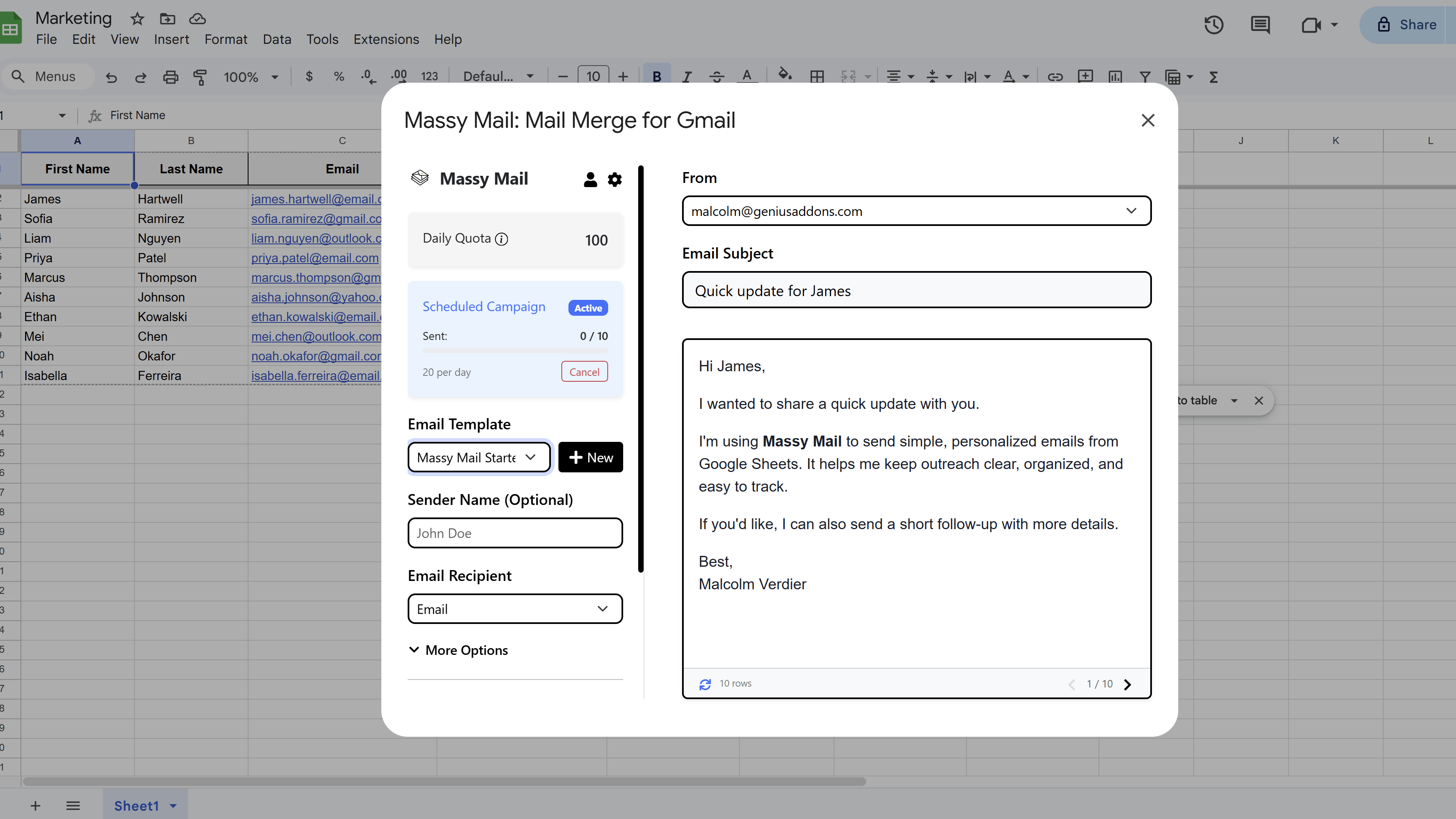 MassyMail campaign workspace showing the Active Schedule summary card with total recipients, remaining count, and next send time