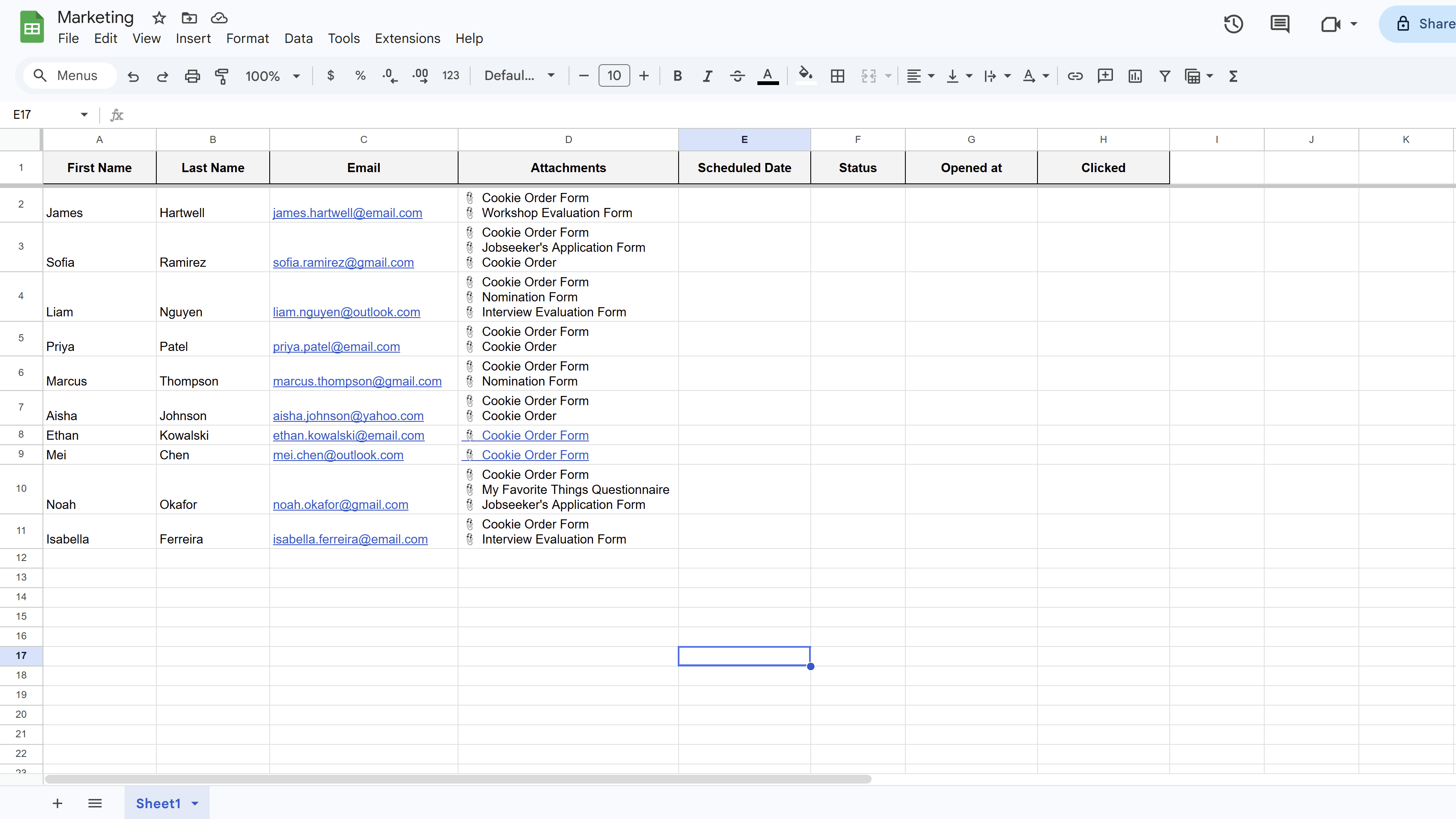 Google Sheet with an Attachments column added alongside the standard campaign columns, showing file names populated for some recipient rows