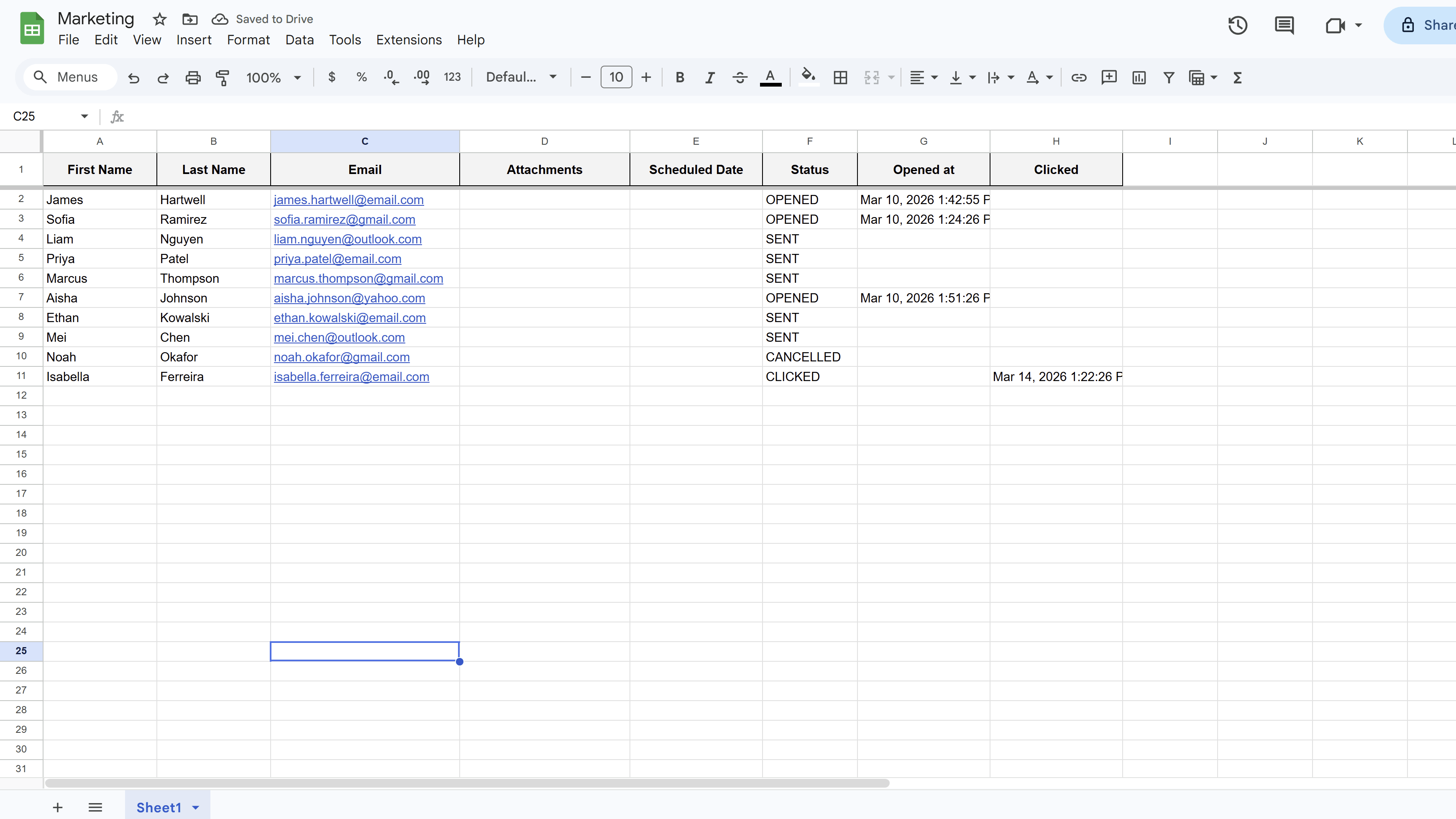 MassyMail send progress modal showing sent count, skipped, and failed emails, with the Status column updated in the sheet