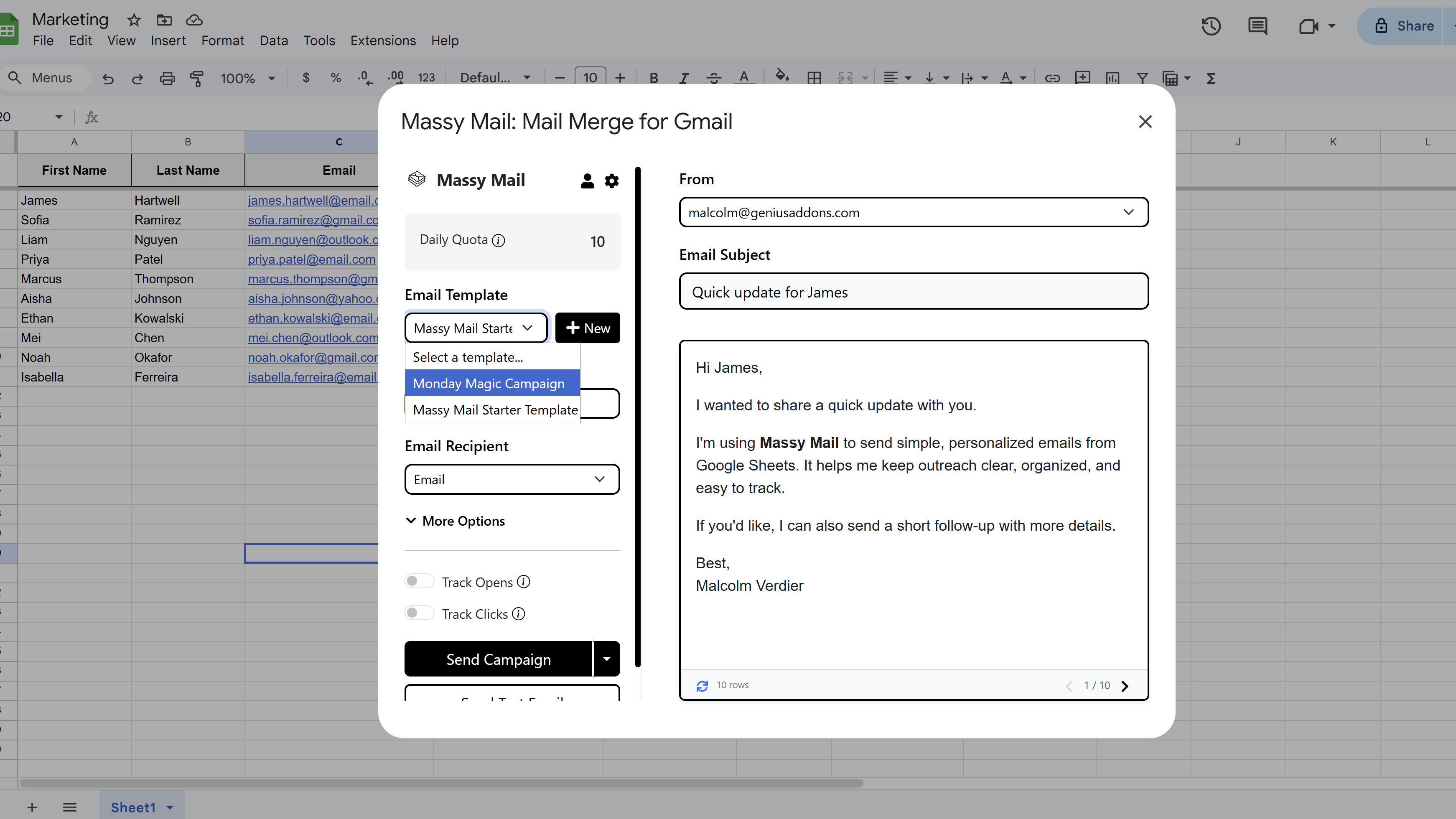 MassyMail campaign workspace showing the left configuration panel and live email preview on the right