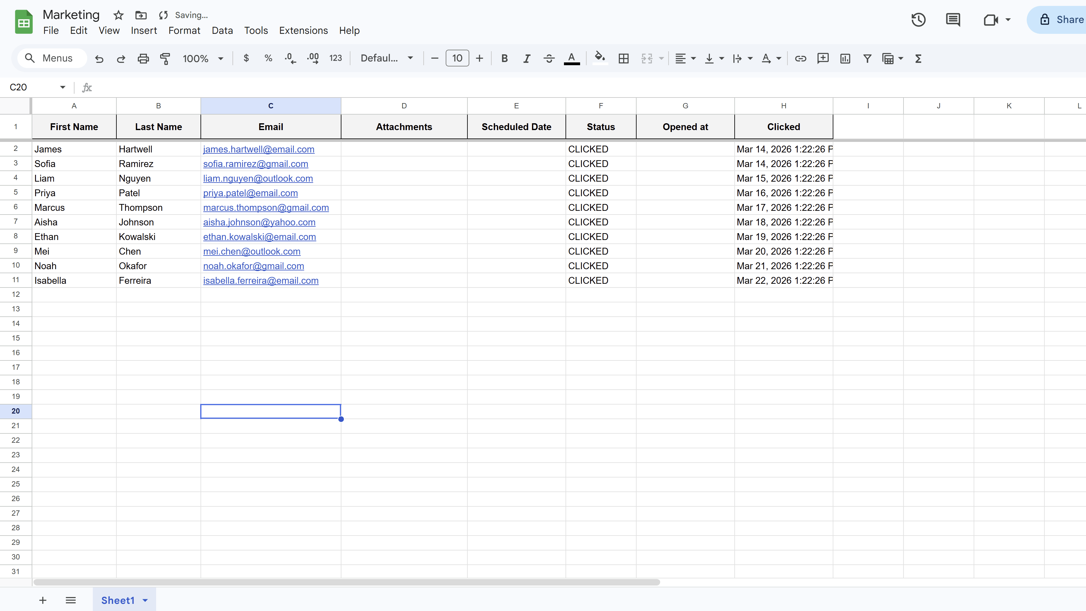 Google Sheet showing the Clicked column with timestamps and Status column updated to CLICKED for recipients who engaged