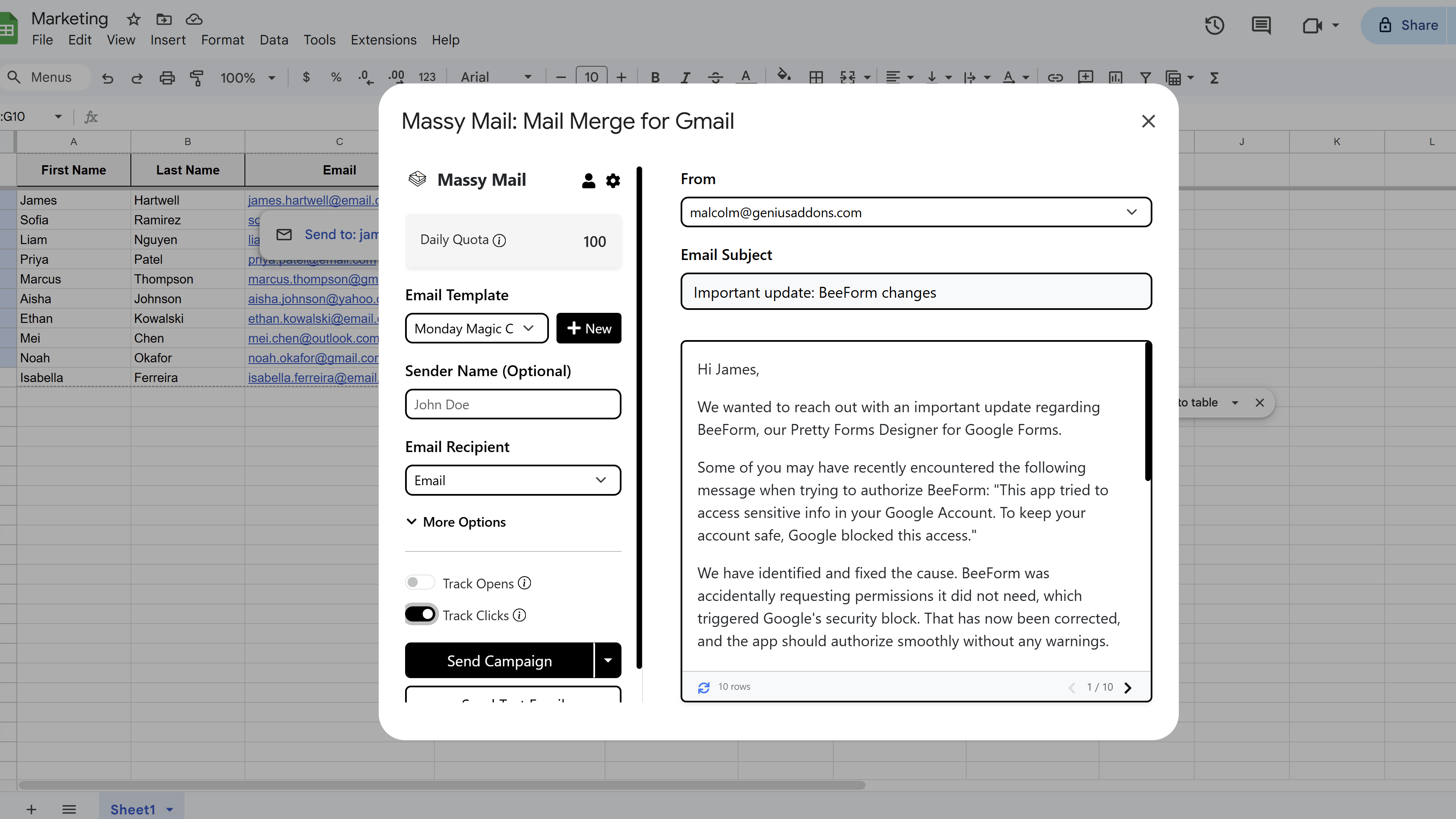 MassyMail campaign configuration panel Tracking section with the Track Link Clicks toggle switched on