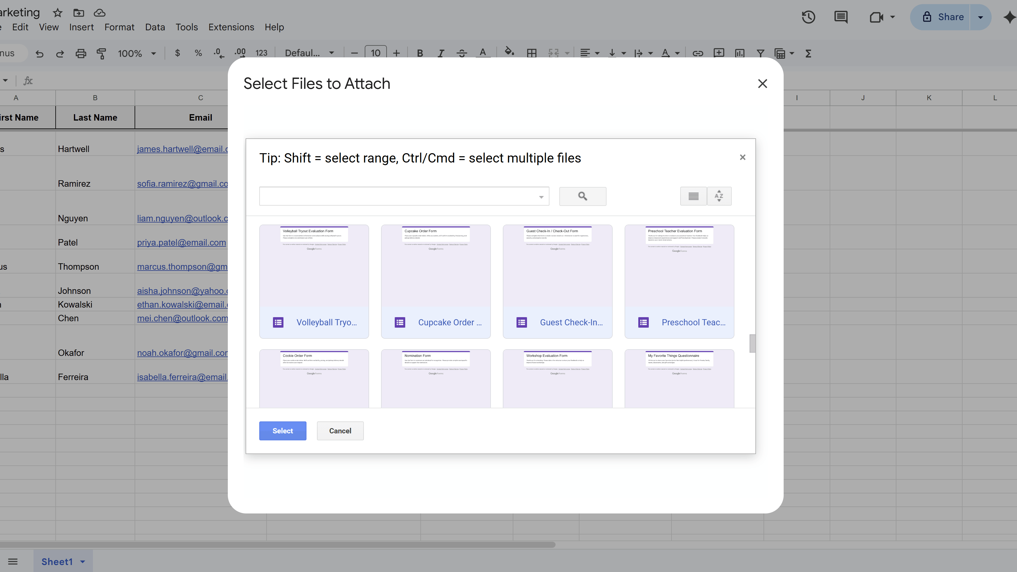 Google Drive file picker opened from MassyMail with multiple files selected for attachment