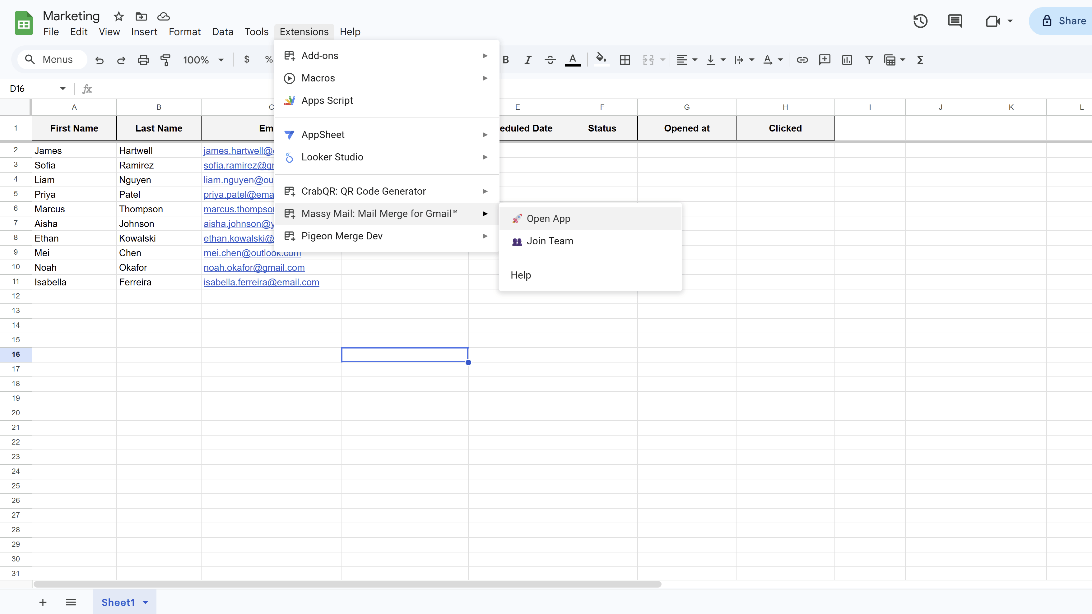 Google Sheets Extensions menu with MassyMail listed, showing the Open option to launch the add-on sidebar
