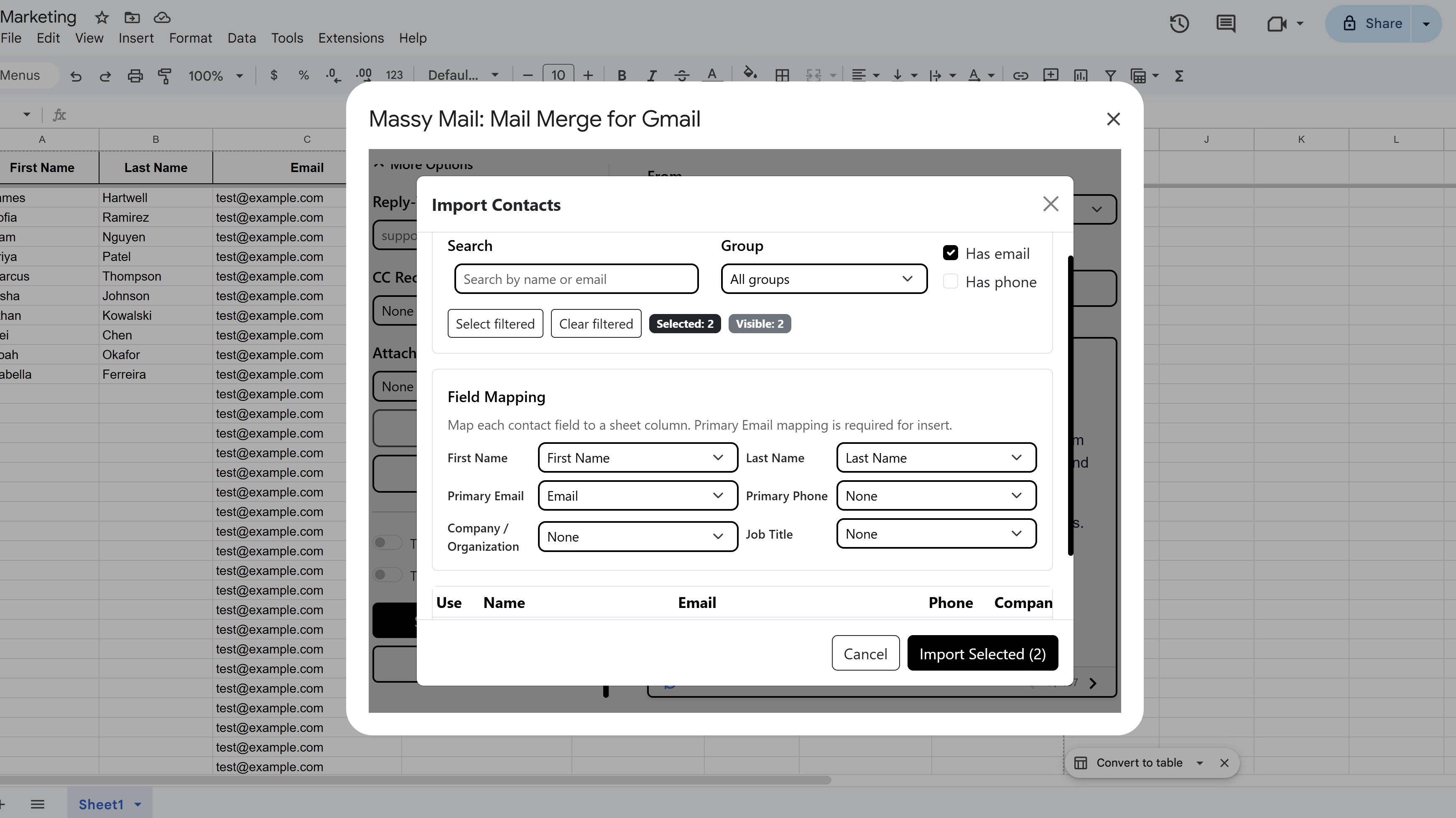 MassyMail contact field mapping interface showing each contact field (First Name, Email, Company, etc.) mapped to a corresponding Google Sheet column