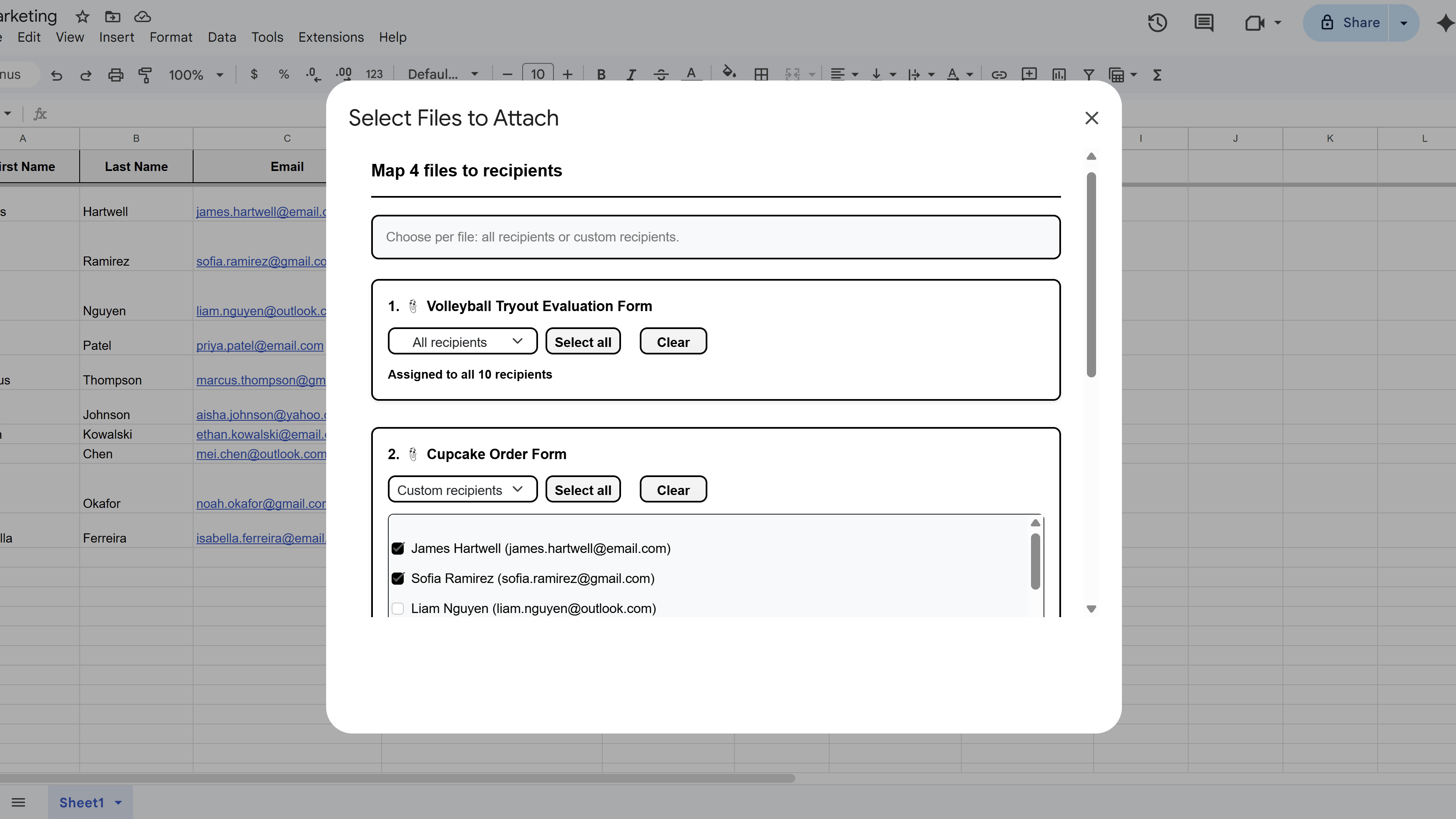 MassyMail file-to-recipient mapping interface showing one file assigned to all recipients and a second file assigned to a specific subset
