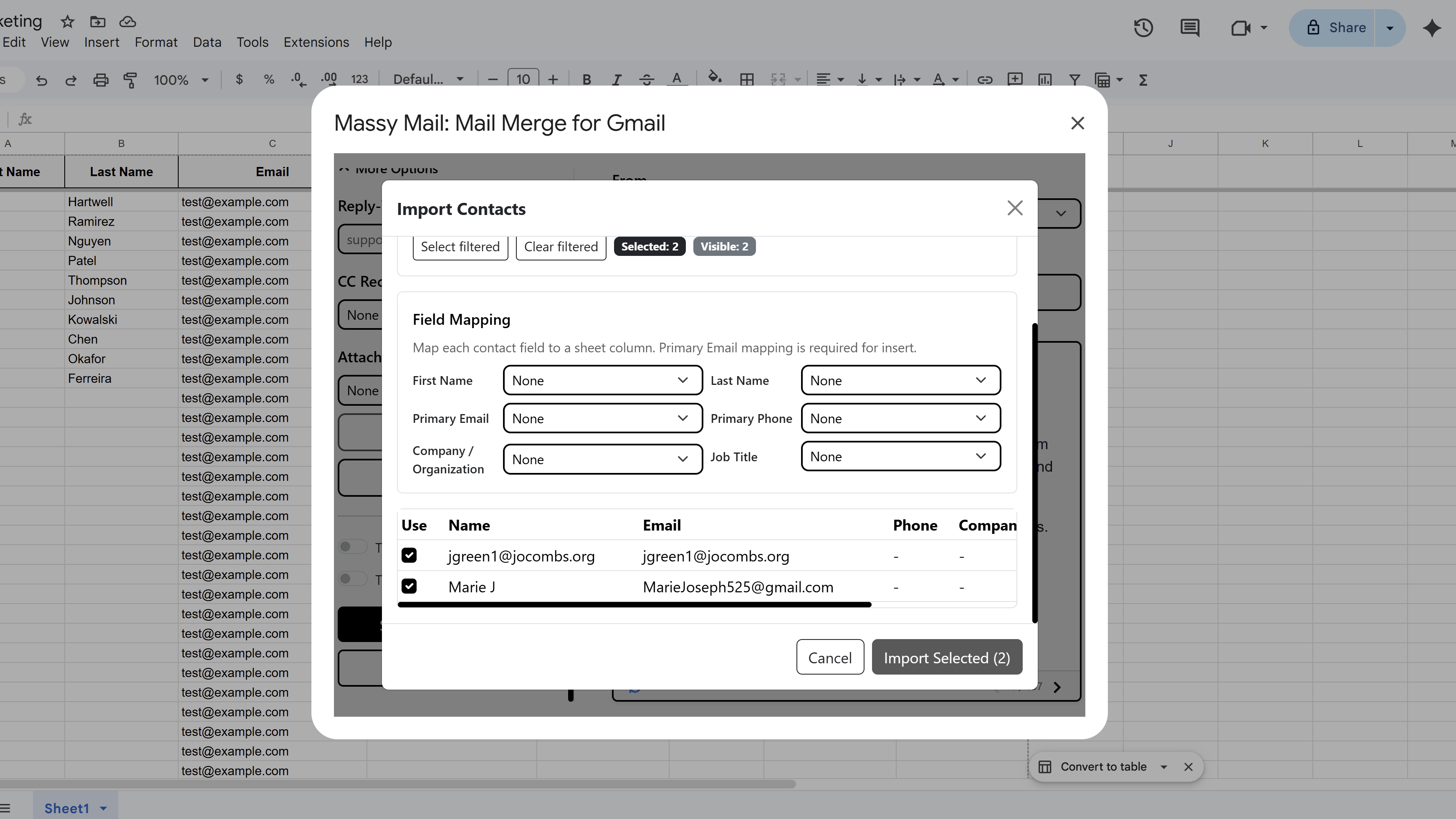 MassyMail import contacts modal showing the searchable contact list with Has Email filter applied and checkboxes for selection