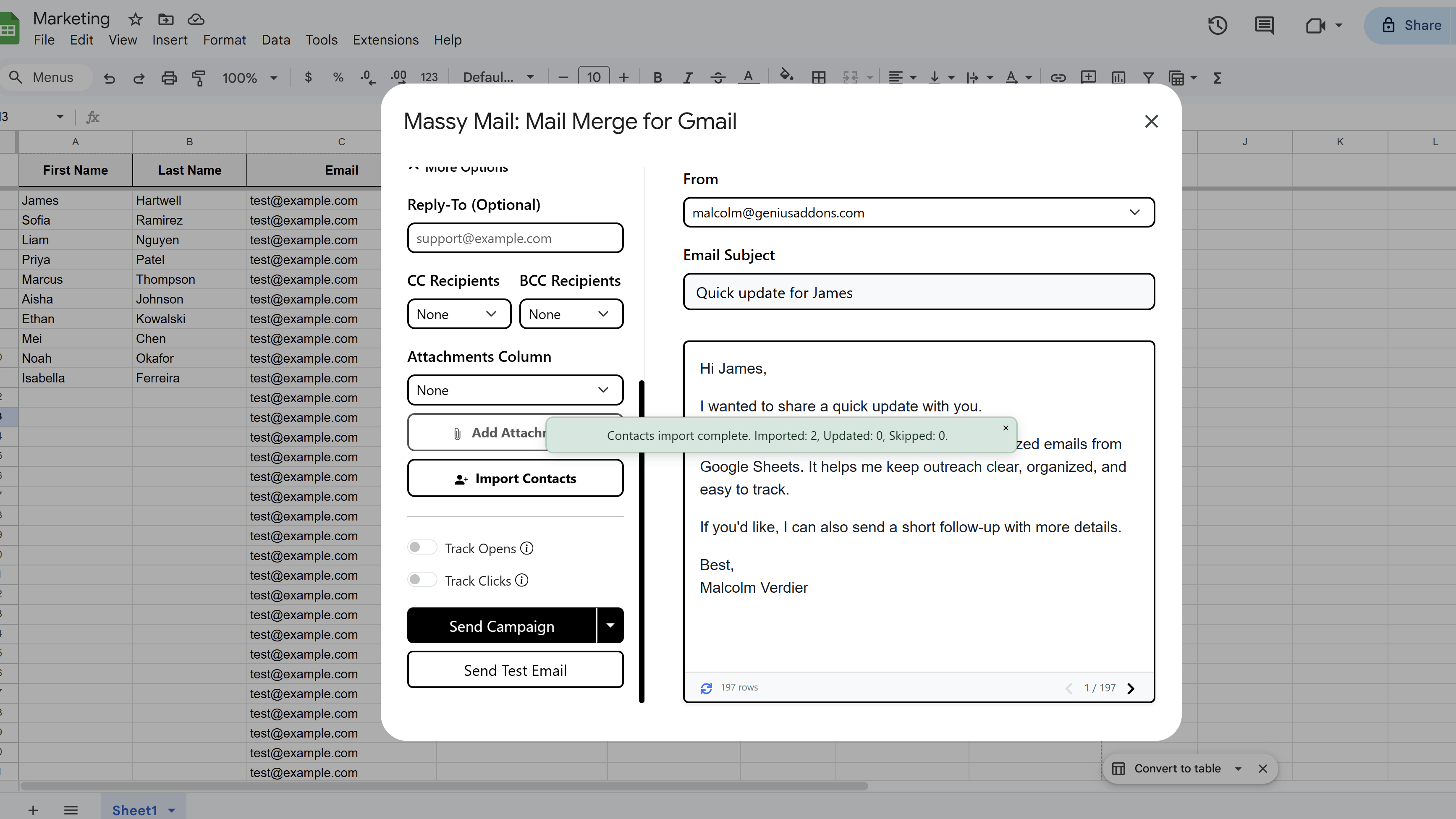 MassyMail import completion summary showing contacts added, updated, and skipped counts, with the Google Sheet below populated with imported contact rows