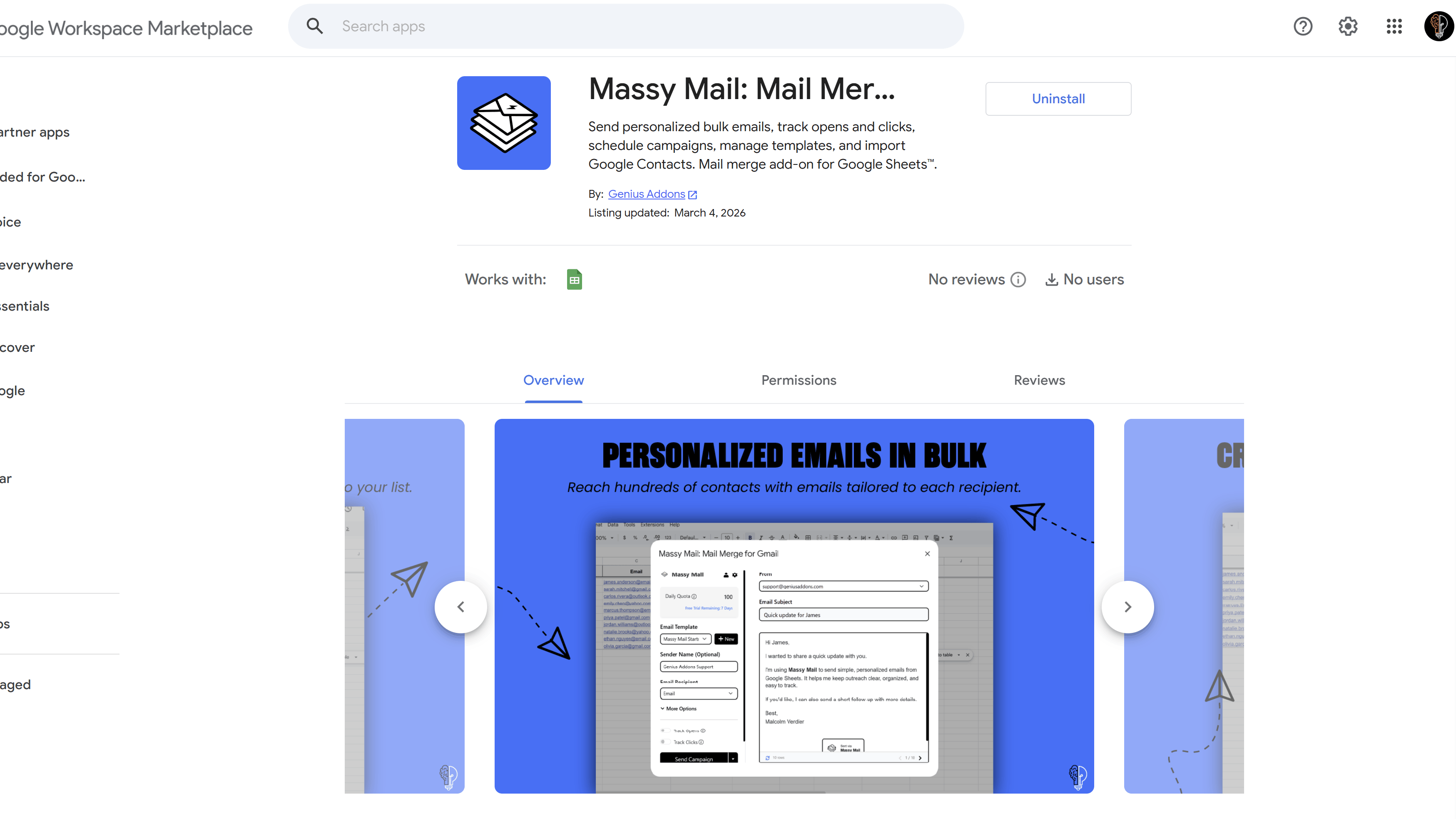 MassyMail listing on the Google Workspace Marketplace showing the app name, rating, and Install button
