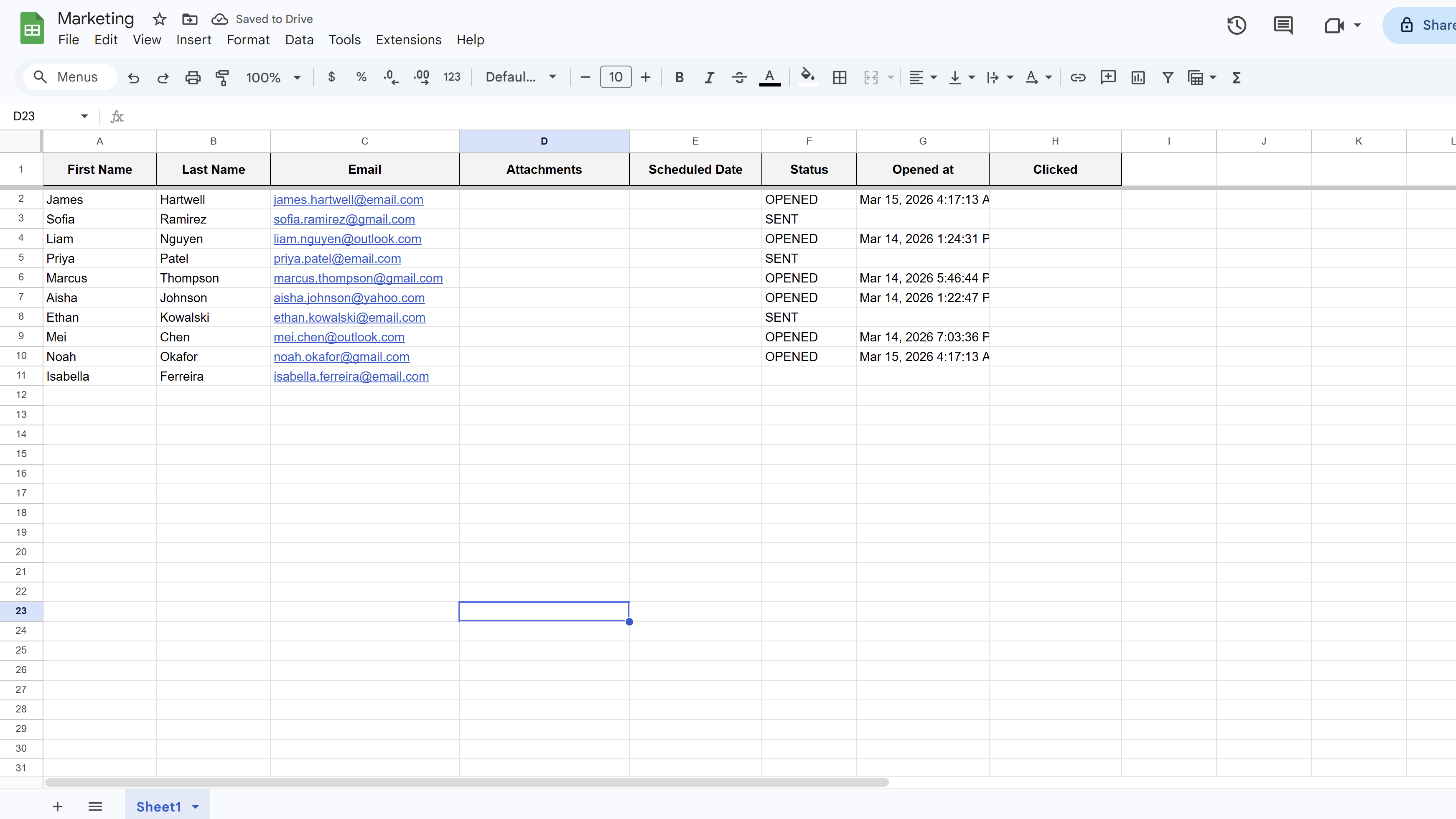 Google Sheet showing the Opened at column populated with timestamps and the Status column updated to OPENED for engaged recipients