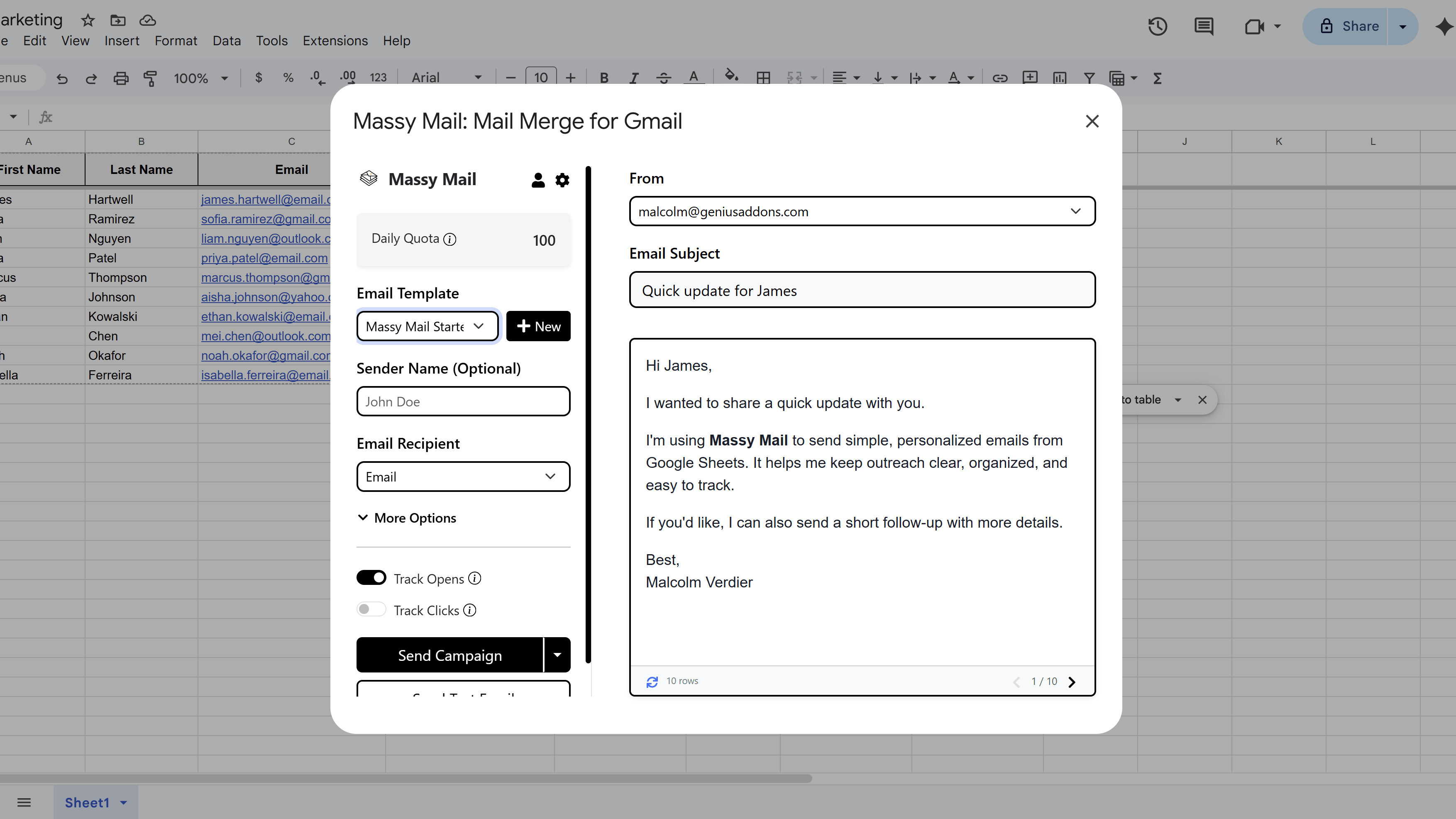MassyMail campaign configuration panel with the Track Email Opens toggle switched on under the Tracking section