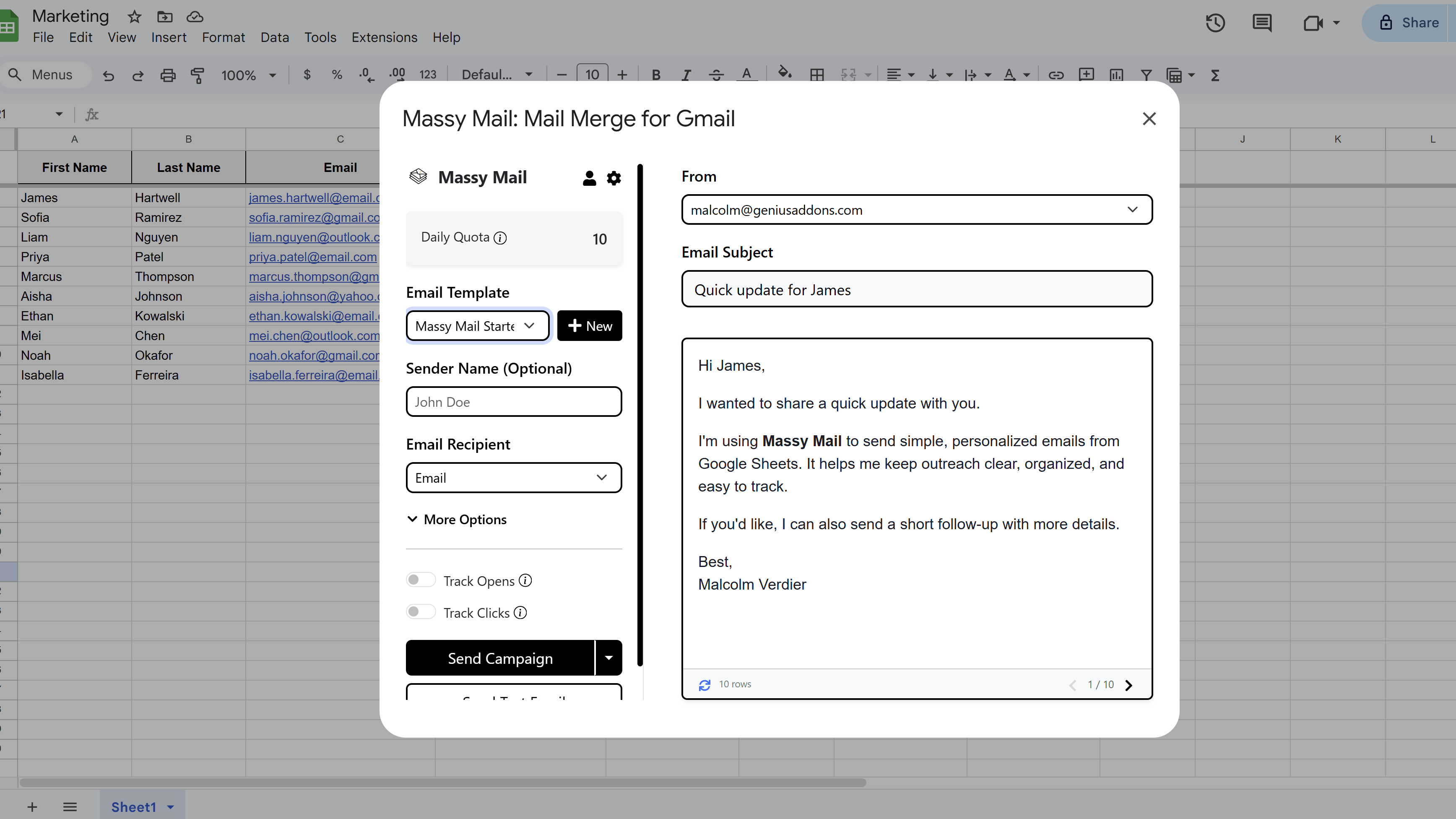 MassyMail campaign workspace right-hand preview panel showing a resolved email — merge fields replaced with real recipient data from the sheet