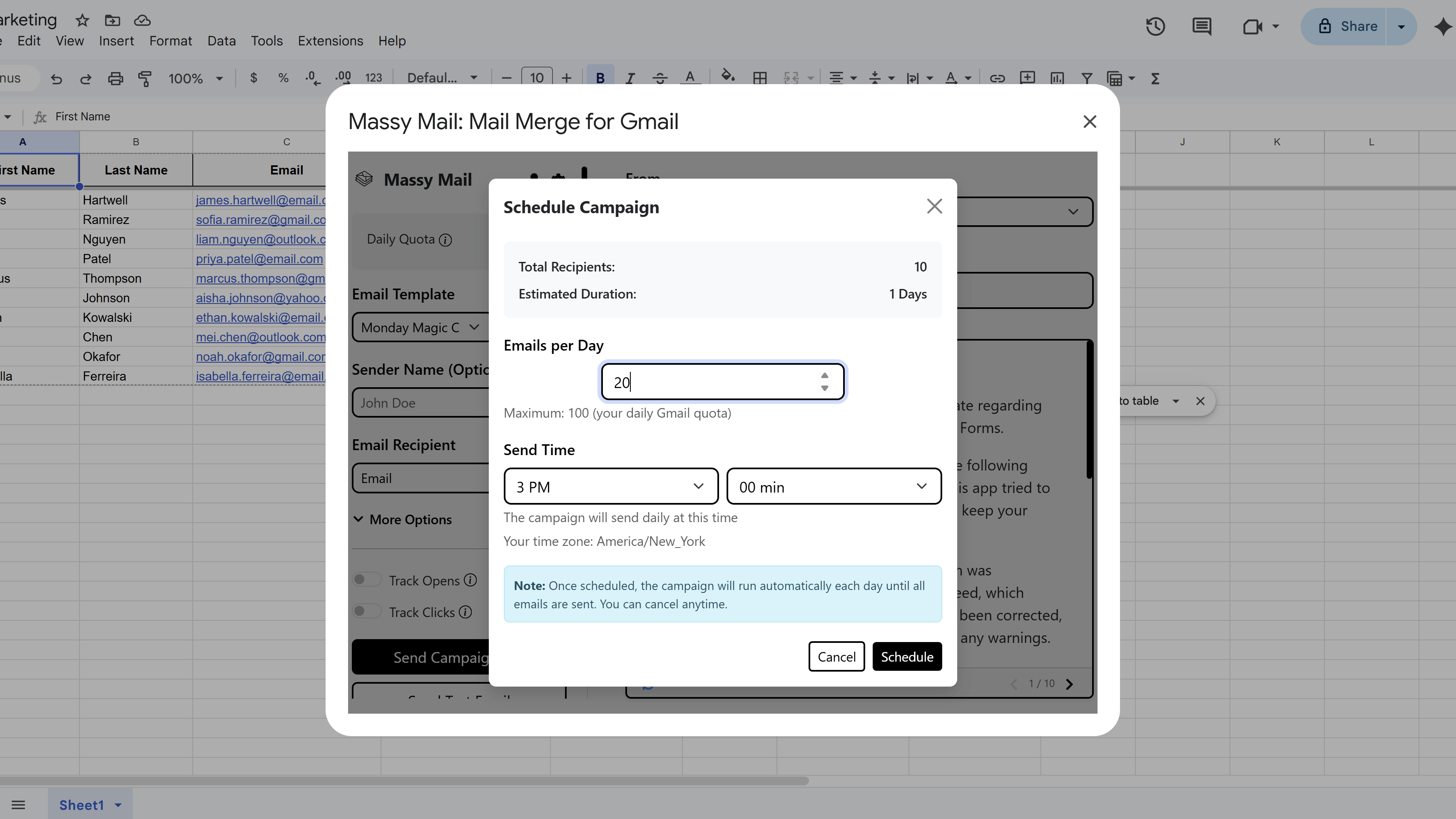 MassyMail schedule settings modal with emails-per-day and send hour inputs, showing the calculated campaign duration