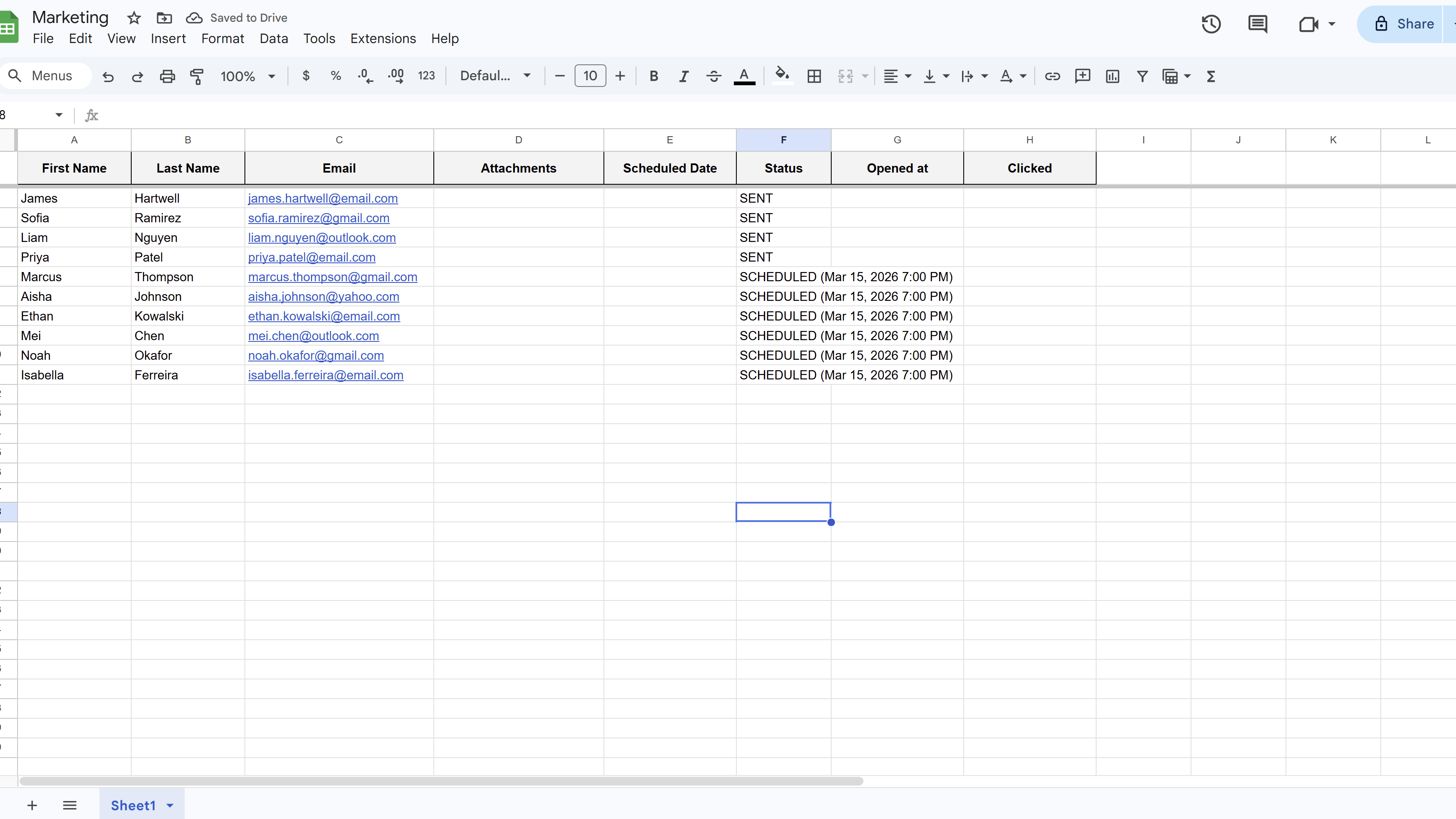 Google Sheet with the Status column showing a mix of SENT rows and SCHEDULED (date) rows for a campaign in progress