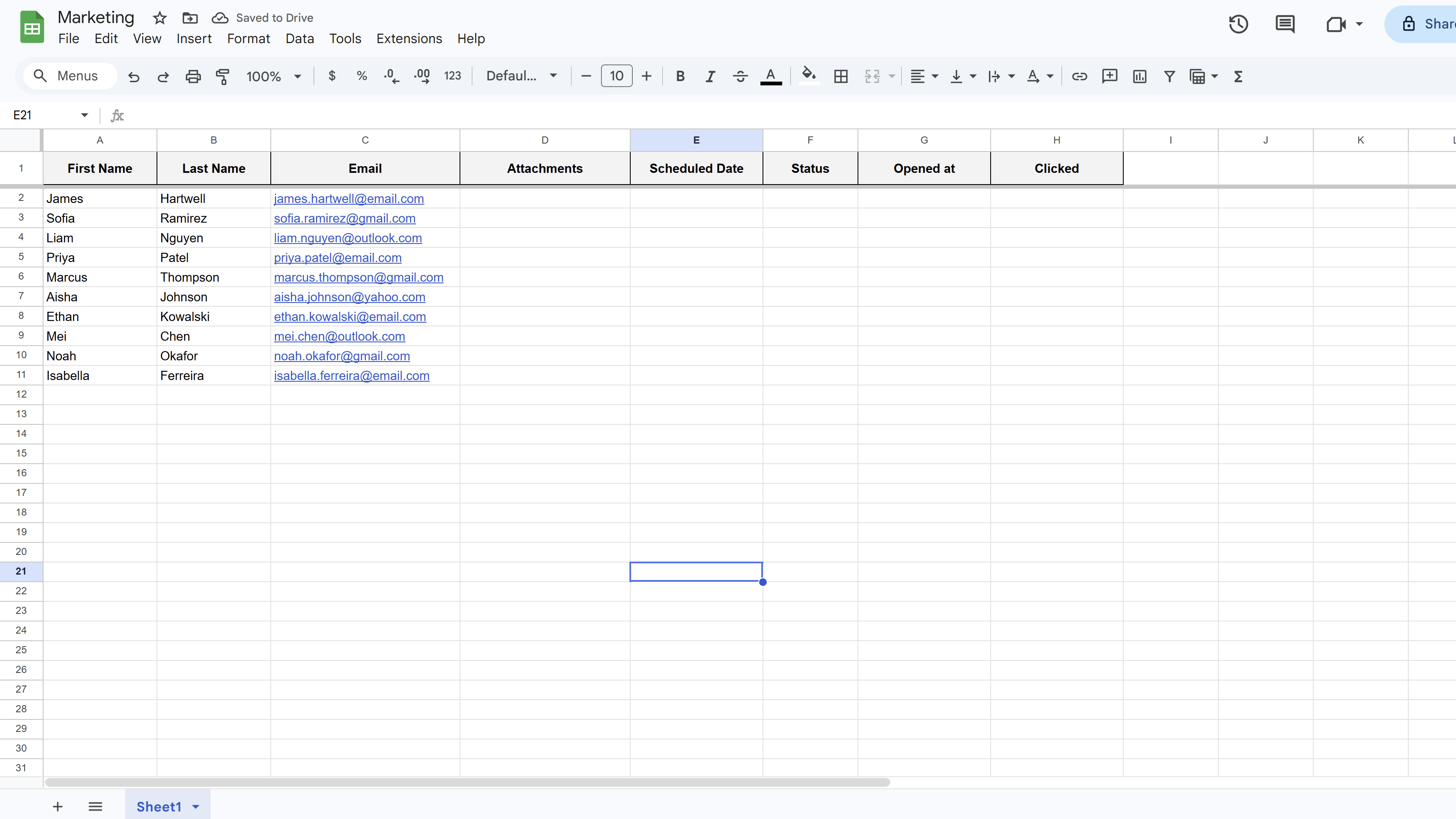 Google Sheet row 1 showing clean column headers: First Name, Last Name, Email, Company, Order Number — each becoming a merge field