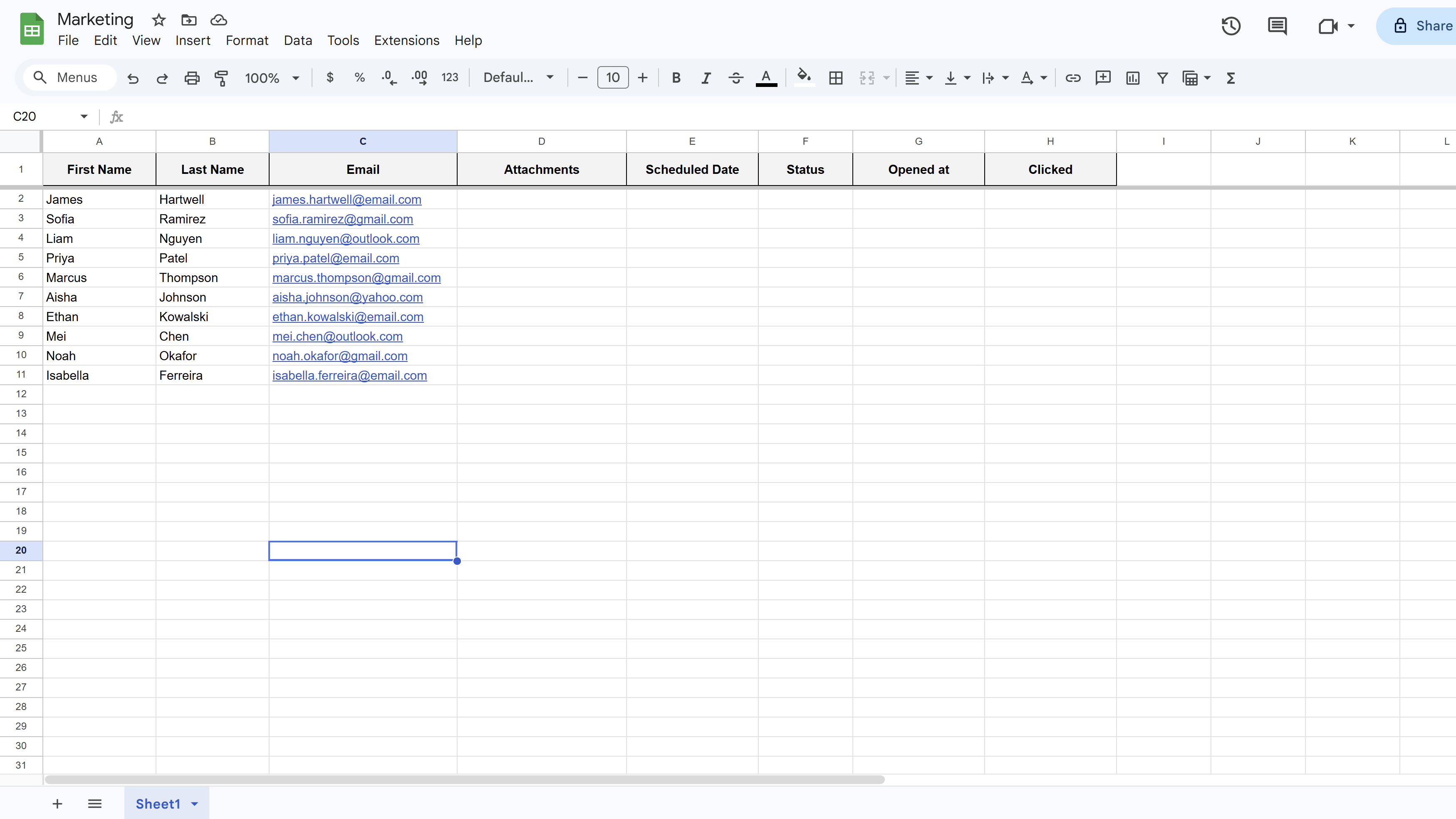 Google Sheet with columns First Name, Last Name, Email, Company, and Status set up as a MassyMail recipient list