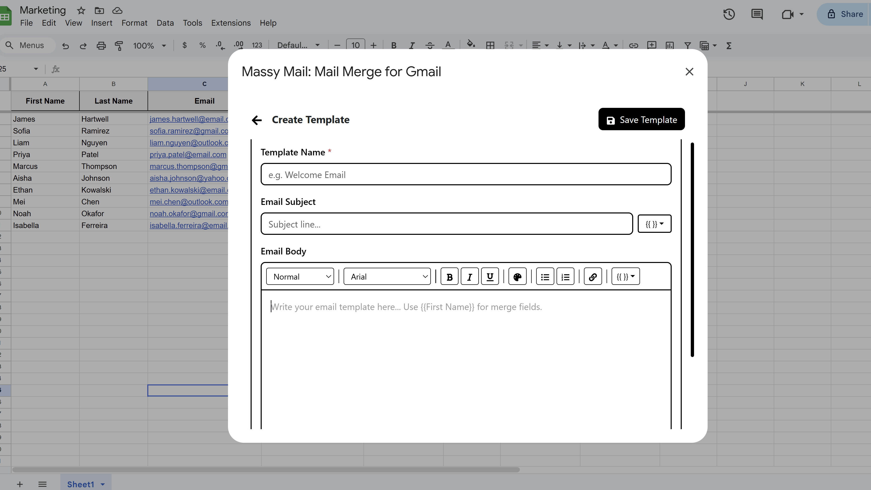 MassyMail rich-text template editor showing subject line, formatted email body, and toolbar with merge field button