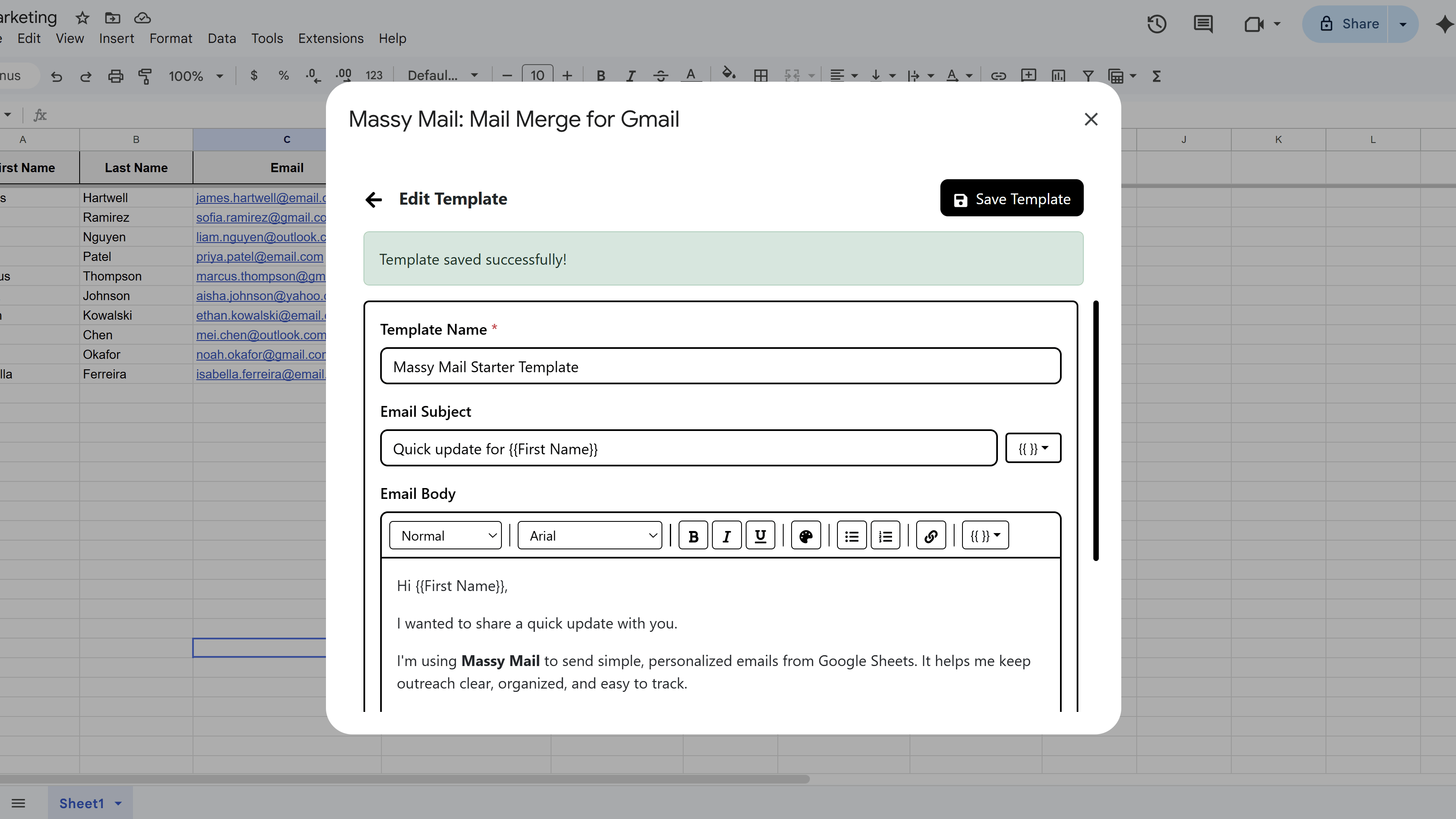 MassyMail templates list after saving, with the new template visible alongside the campaign workspace dropdown showing it as an option