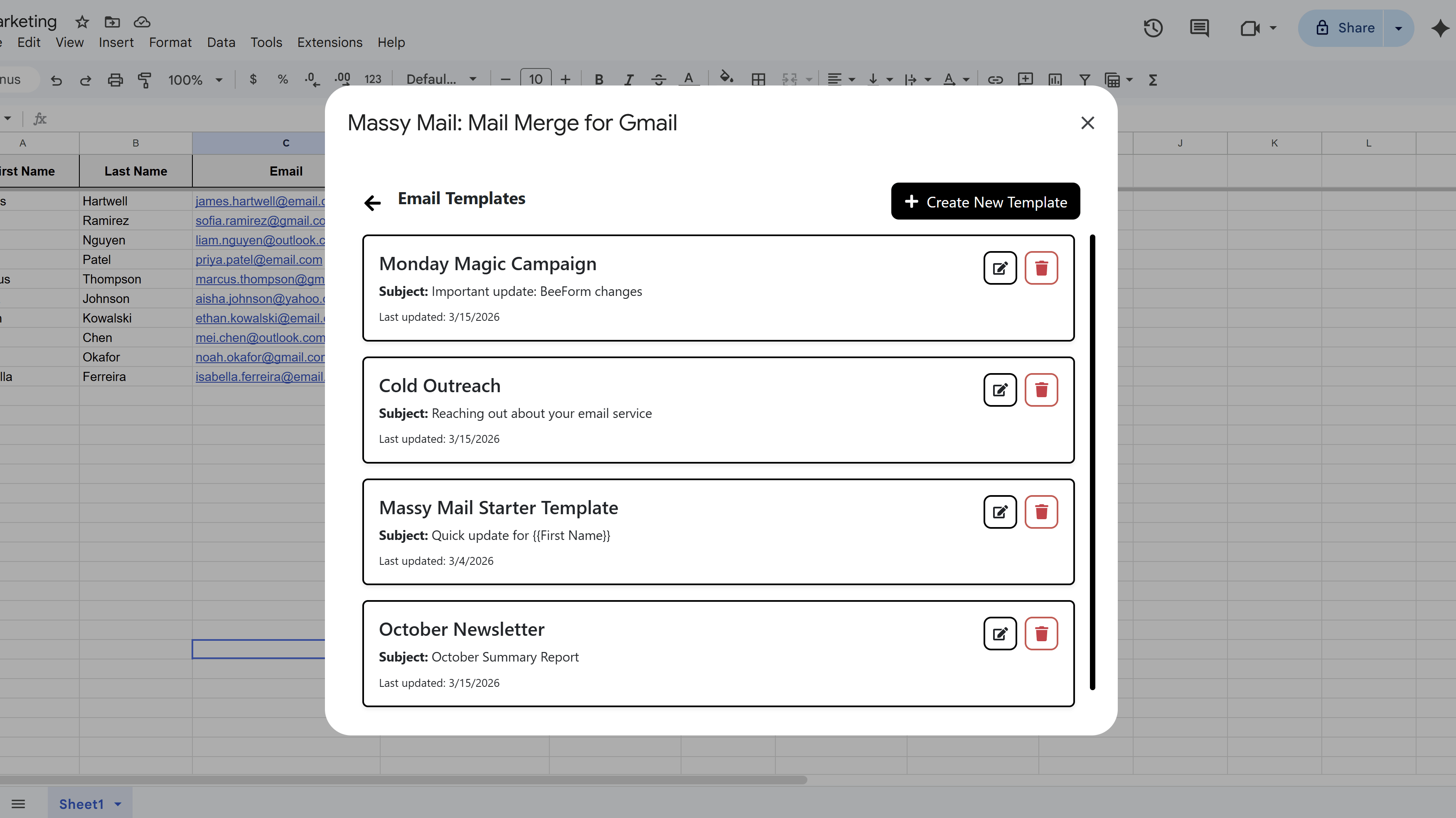 MassyMail templates list showing saved templates with their names, subject lines, and last updated dates